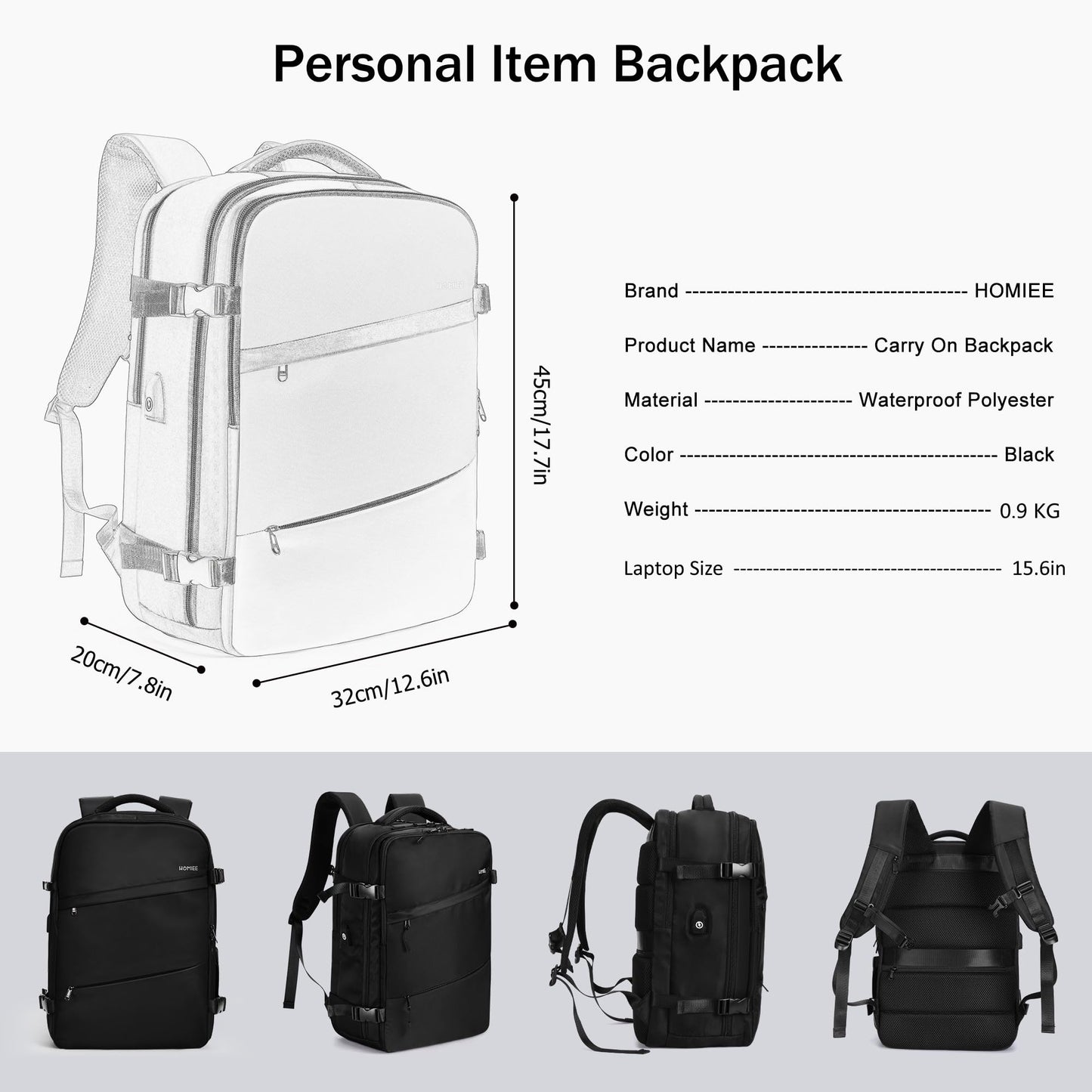 HOMIEE Travel Laptop Backpack, Flight Approved Carry-On Backpack 15,6" Laptop Backpack, Anti-theft Travel Backpack with USB Charging Port, Unisex Luggage Backpack, Black