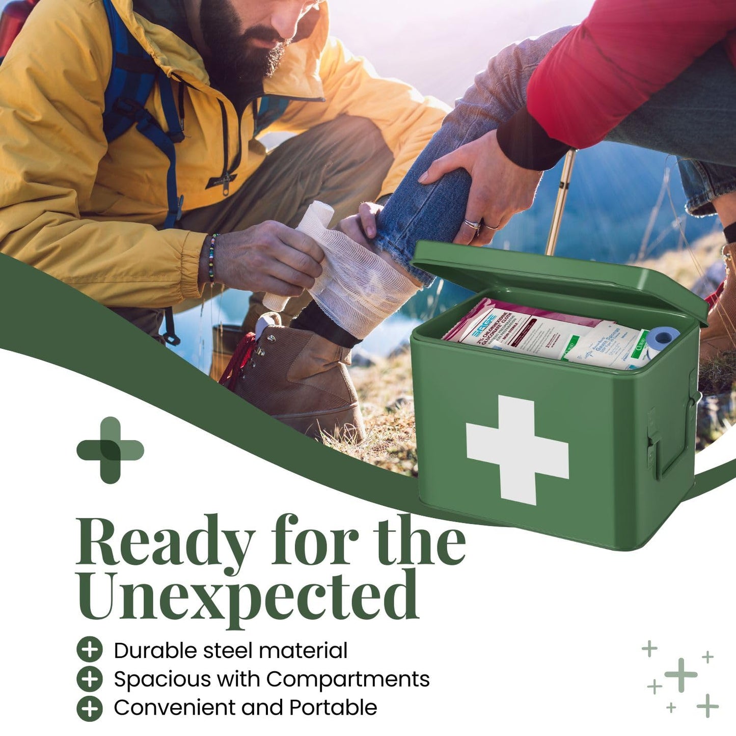 Flexzion First Aid Box Organizer, Empty 8.5 Inch Green Vintage First Aid Kit Tin Metal Medical Box First Aid Storage Box Container Bins with Dividers, Removable Tray and Cross Logo