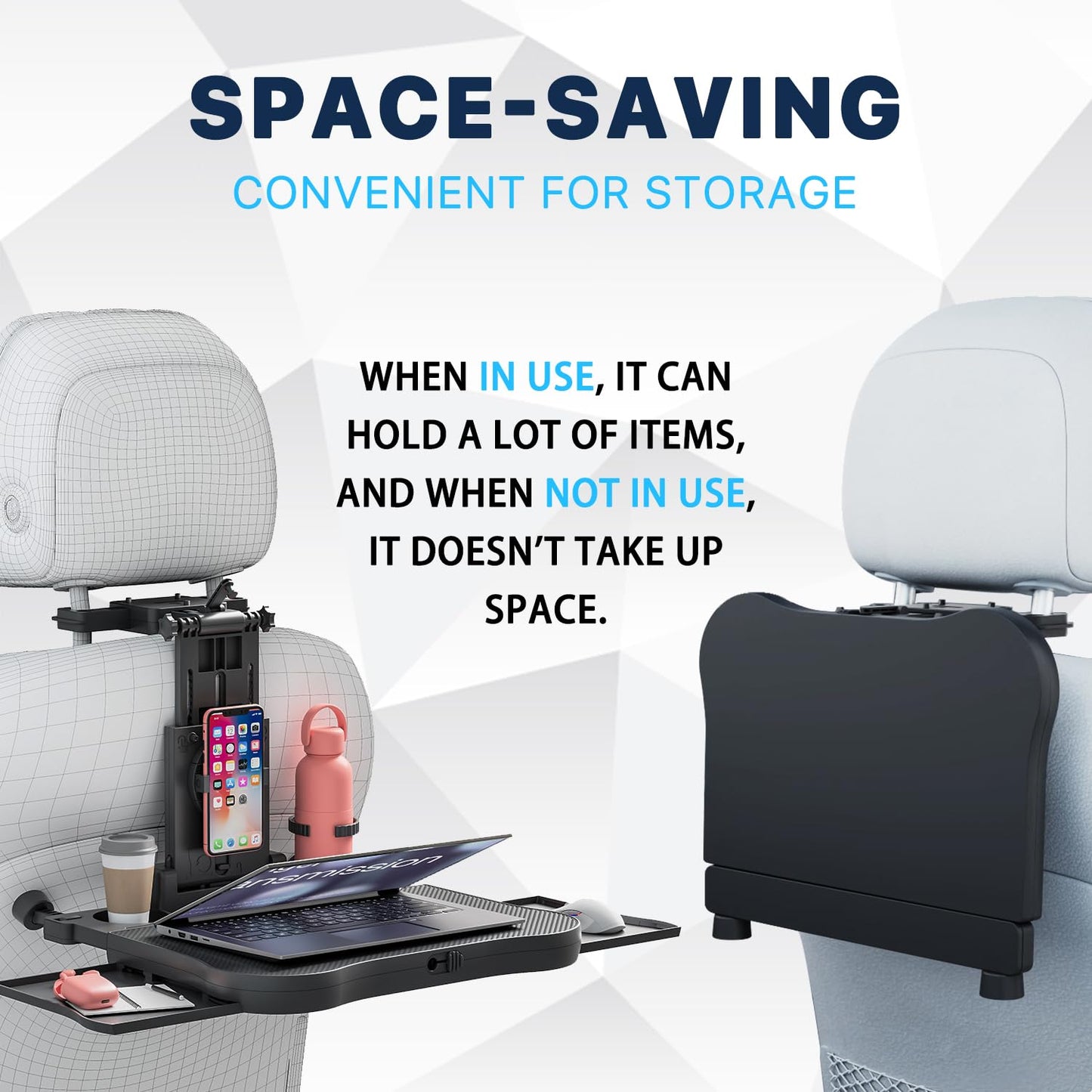 Car Back Seat Tray Table, Auto Stable Foldable Backseat Food Trays Desk for Rear Passenger Road Trip Eating Work, Multifunctional Adjustable Travel Tray with Phone Drink Holder for Laptop iPad