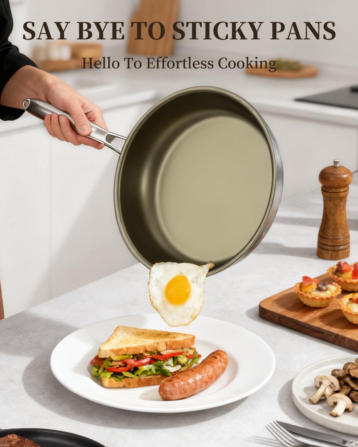 ABIJAN 11inch Stainless Steel Pan, Non Stick Frying pan, 3-Ply Titanium pan, Induction Cooking pan, Compatible with All Cooktops, Oven Safe, PFOA/PFAS/PTFE Free, Brown