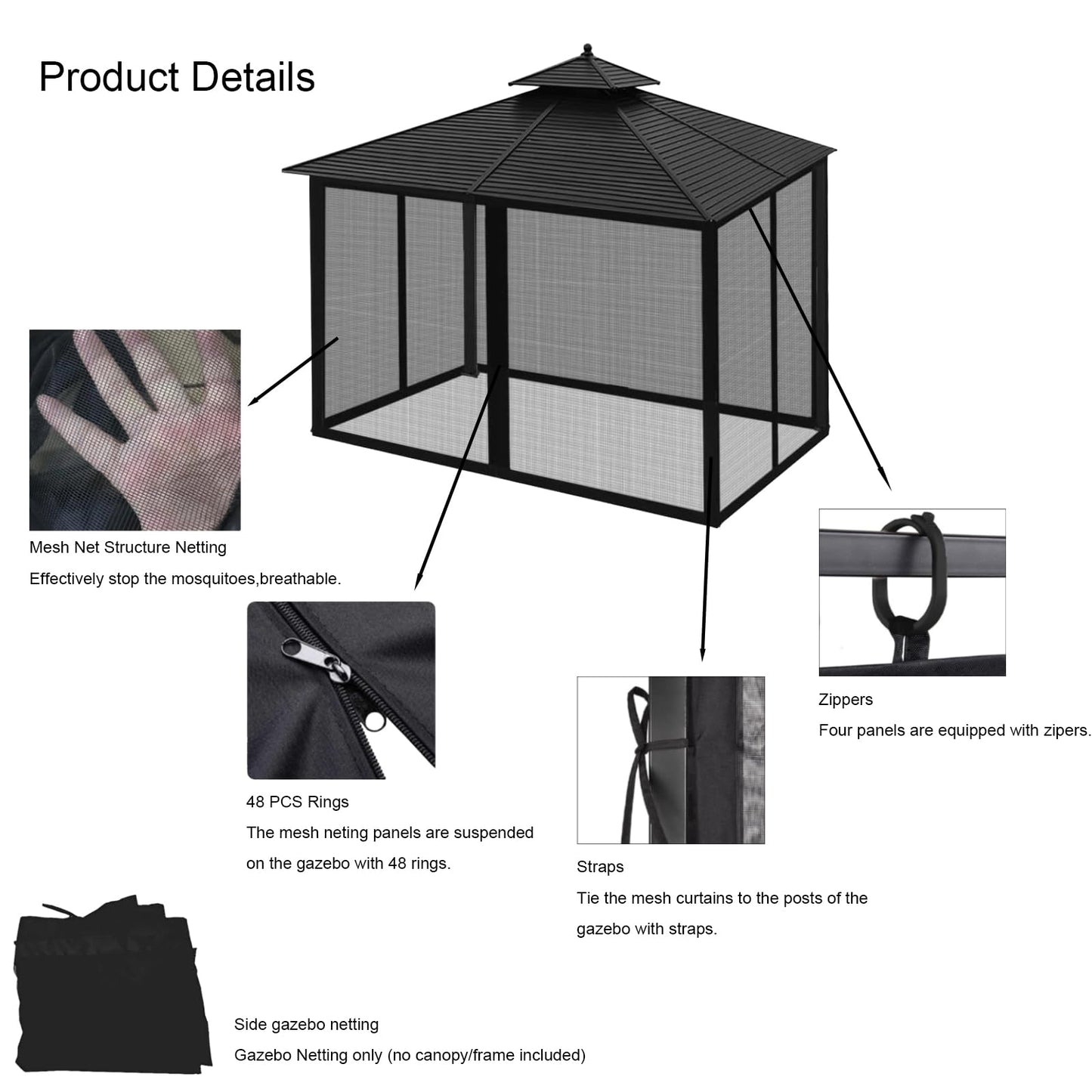 10ft x 12ft Gazebo Mosquito Netting Canopy Universal Replacement, Gazebo Curtains Outdoor Mesh Netting Patio,4-Panel Sidewall Curtain Net with Zipper