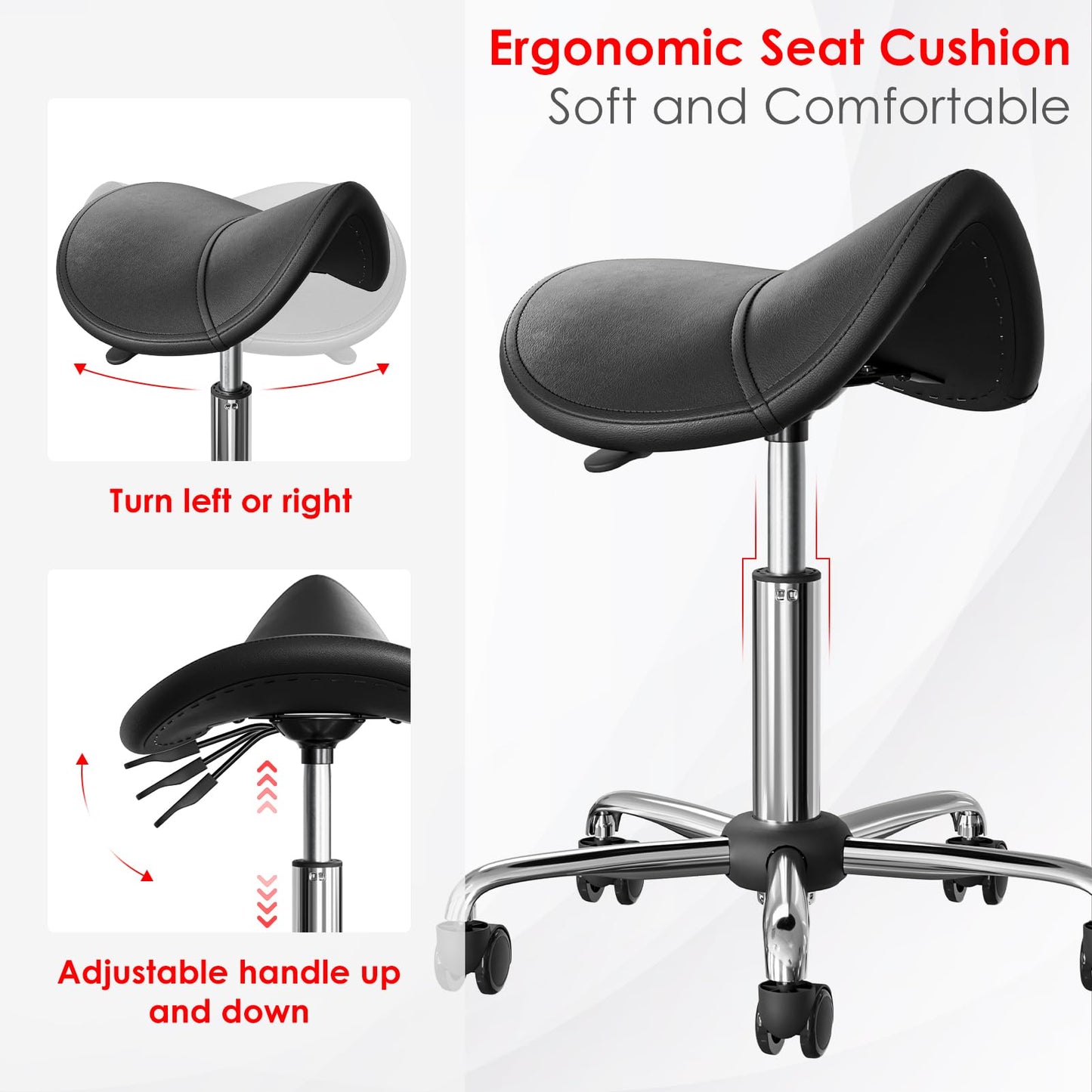 CLORIS Saddle Rolling Stool Hold up to 350 LBS Height Adjustable Swivel Chair Metal Feet with Wheels for Spa, Massage, Salon, Home, Office, Medical, Tatoo, Bar Black