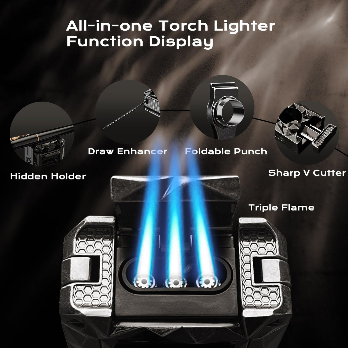 5-in-1 Torch Lighter, with V-Cutter, Holder, Punch, Draw Enhancer Tool, Windproof Triple Flame Torch Lighter, Multifunctional Accessories Gifts for Men, Refillable Butane Lighter for Candles, Travel