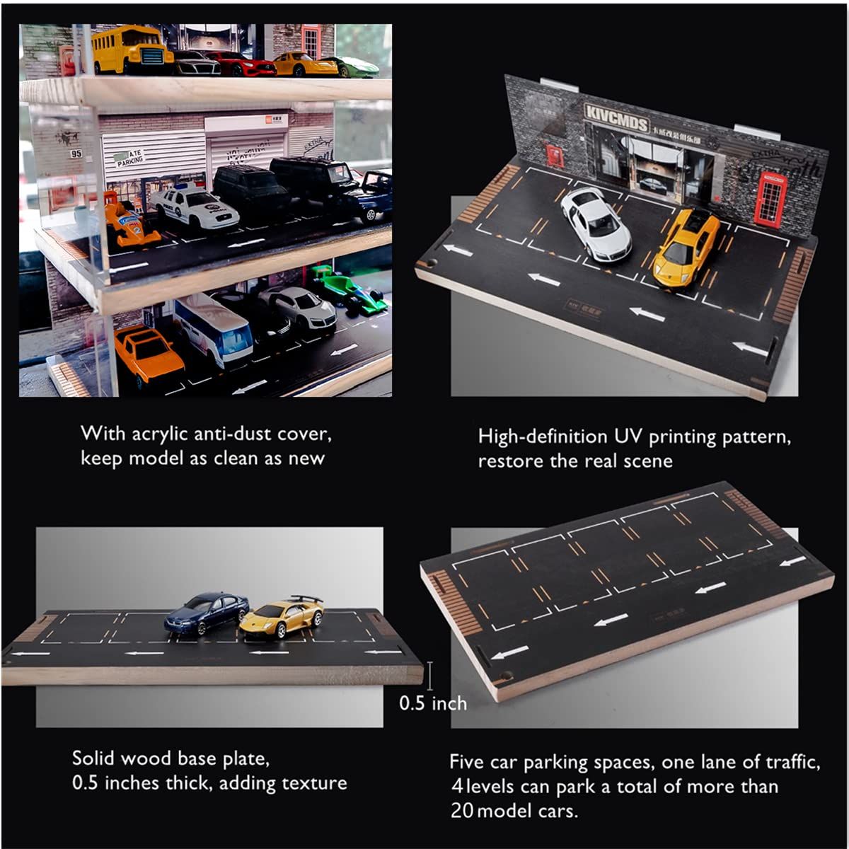 kivcmds 1:64 Scale 4-Tiers Vehicle Model Car Display Case for Sports Car Model Collectors, Display Stand for Alloy Car Model Toy with Parking Lot Scene (4-Tiers Auto Repair Store Scene)