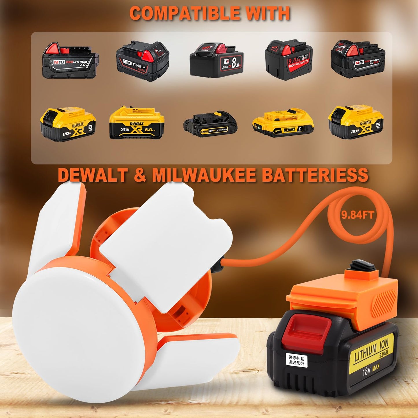 NS LED Work Light for Dewalt & Milwaukee DC 20V/18V Battery, 60W 6000LM LED Garage Lights, Flood Lights, Ceiling Lights for Garage Car Repairs, Workshop, Camping