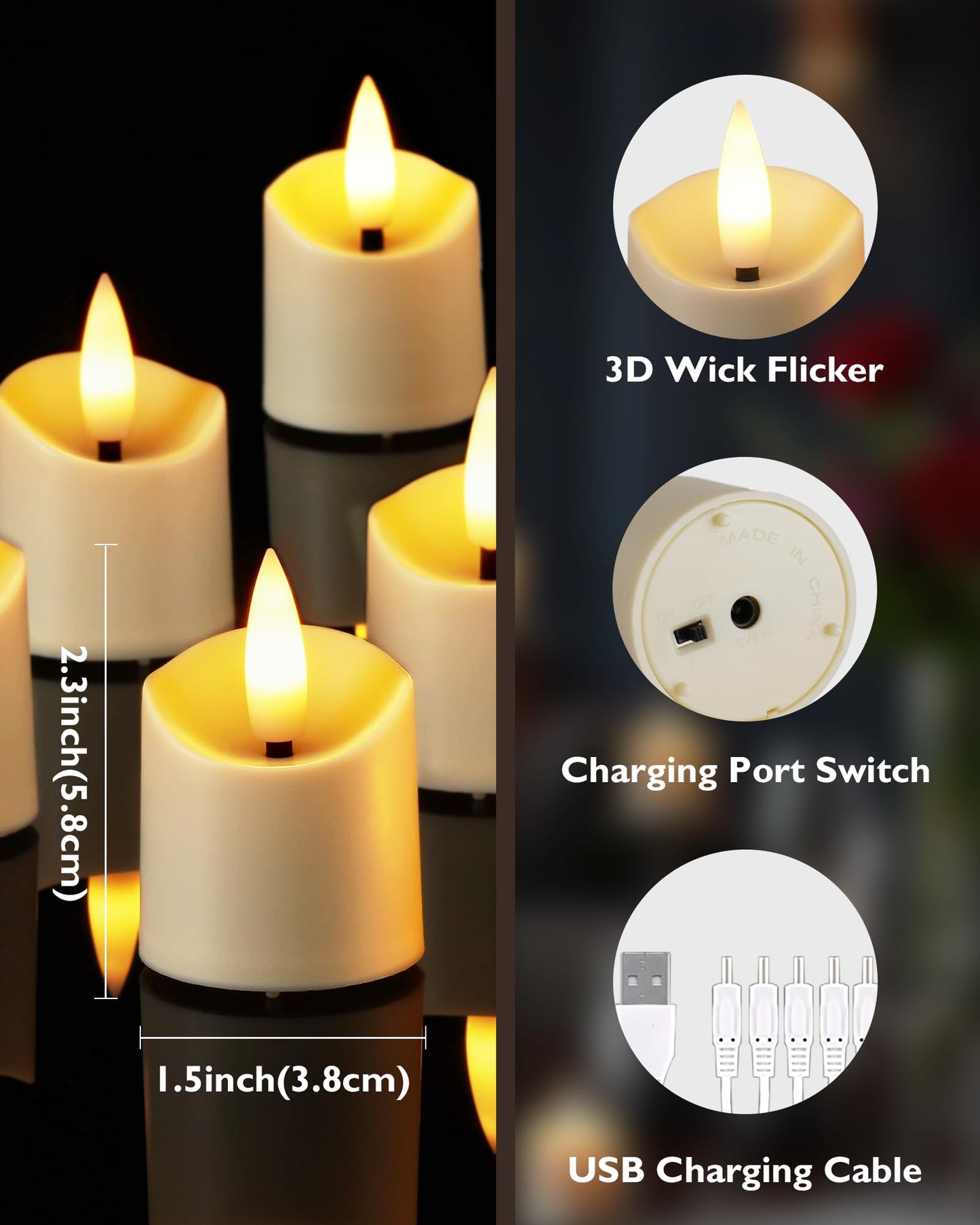 AMAGIC 12-Pack Battery Tea Lights with Remote 2/4/6/8H Timer, Rechargeable, 3D Flicker Wick Electric Candles, for Vovite, Christmas, Holiday Birthday Decoration