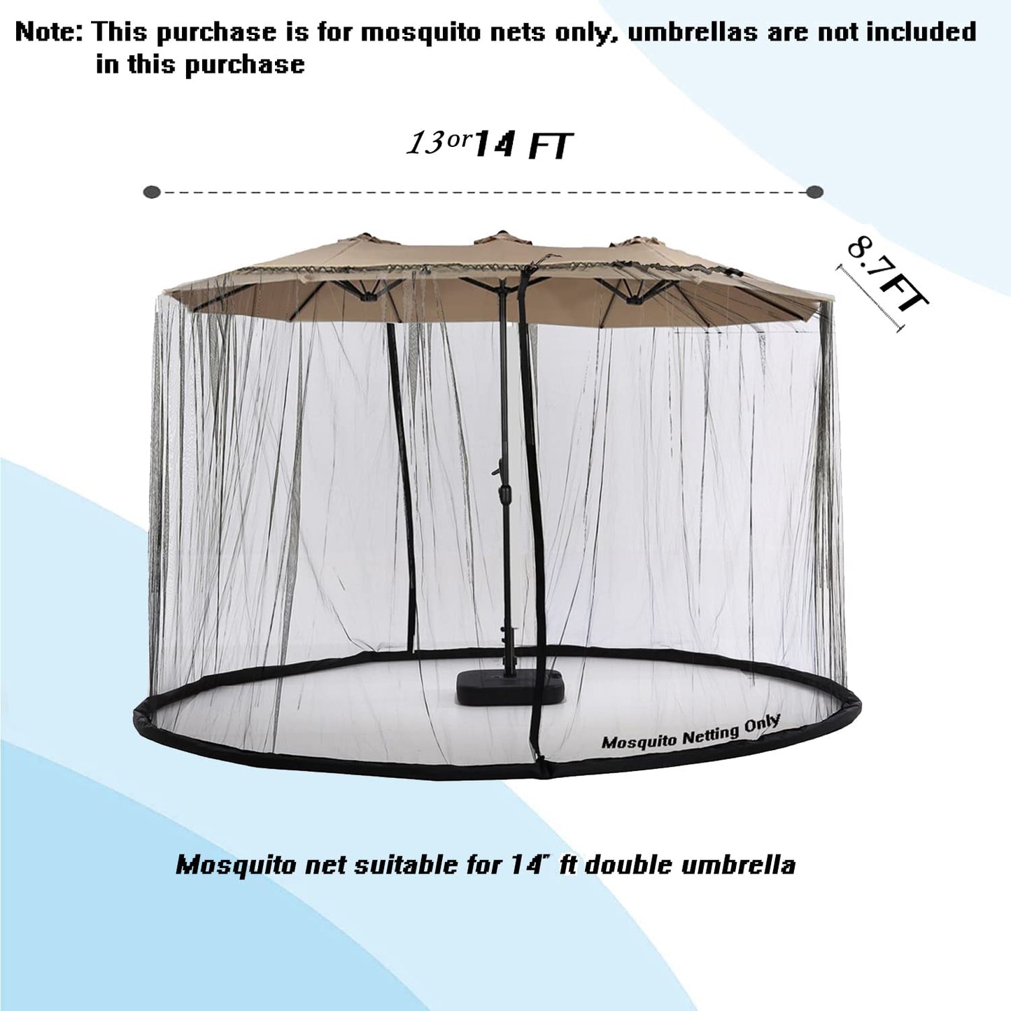 Mosquito Neting for 14FT Double-Sided Patio Umbrella Sunbrella Neting Double Zipper Water Pipe Bottom Used and for Patio Gazebo pop up canopy10x10 interchangeable (Black)