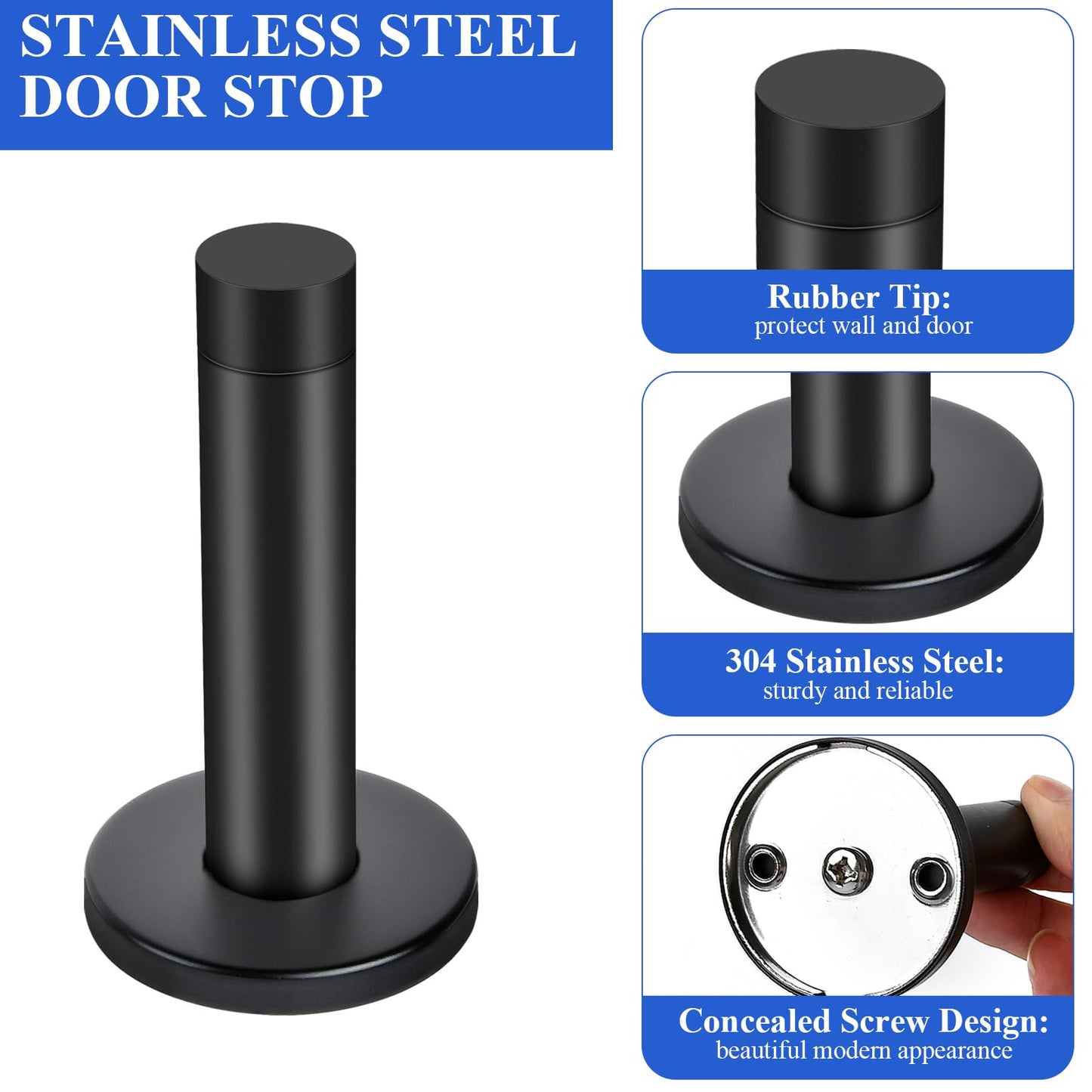 Supkiir 10Pcs Door Stop, 3.5 Inch Heavy Duty 304 Stainless Steel Door Stopper with Rubber Tips Bumper, Wall Mounted Door Holder Protection Sound Dampening, Matte Black