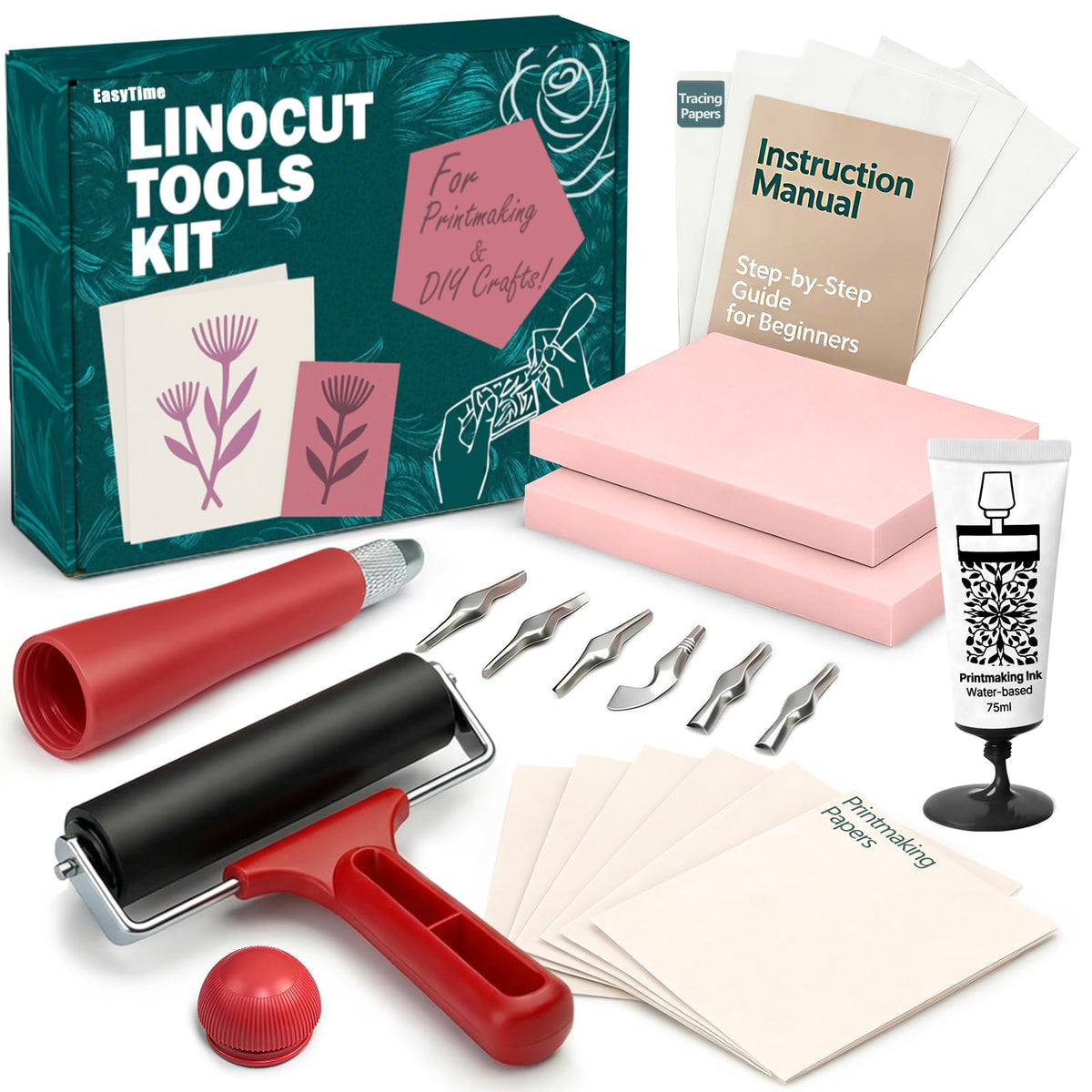 Linocut Kit Block Printing Kit: Stamp Making Kit with Rubber Lino Blocks, Ink, Brayer, Linoleum Cutters, Tracing Papers & Instructions - Hobby Craft Gift for DIY Art Project Beginners
