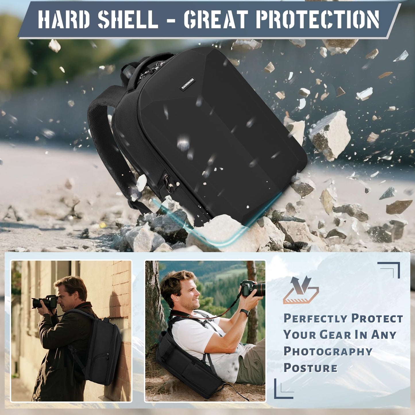 RAINSMORE Camera Backpack Hard Shell for DSLR/SLR Waterproof Camera Bag with Laptop Compartment 15.6 Inch Professional Camera Case with Rain Cover Photography Backpack Bag with Camera Lens Case Black