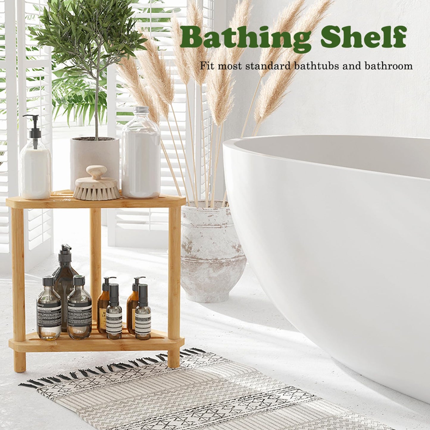 Bamboo Corner Shower Stool,2-Tier Waterproof Shower Stool for Inside Shower Shaving Leg,Small Spaces,Shower Foot Rest with Storage Shelf,Shower Bench,Bath Seat,Corner Nightstand gift for women mom