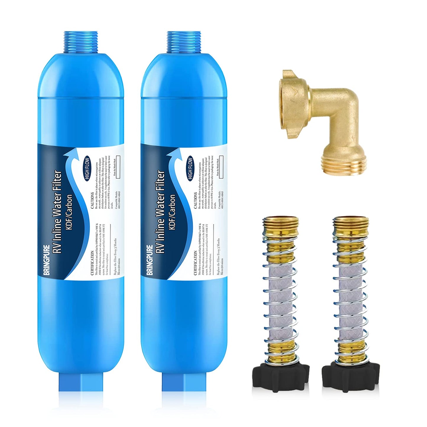 RV Inline/Marine Water Filter with Flexible Hose Protector, NSF Certified, Dedicated for Gardening, RVs, Campers, Trailer, Compatible with Camco 40043 KDF Filter (2 Packs)