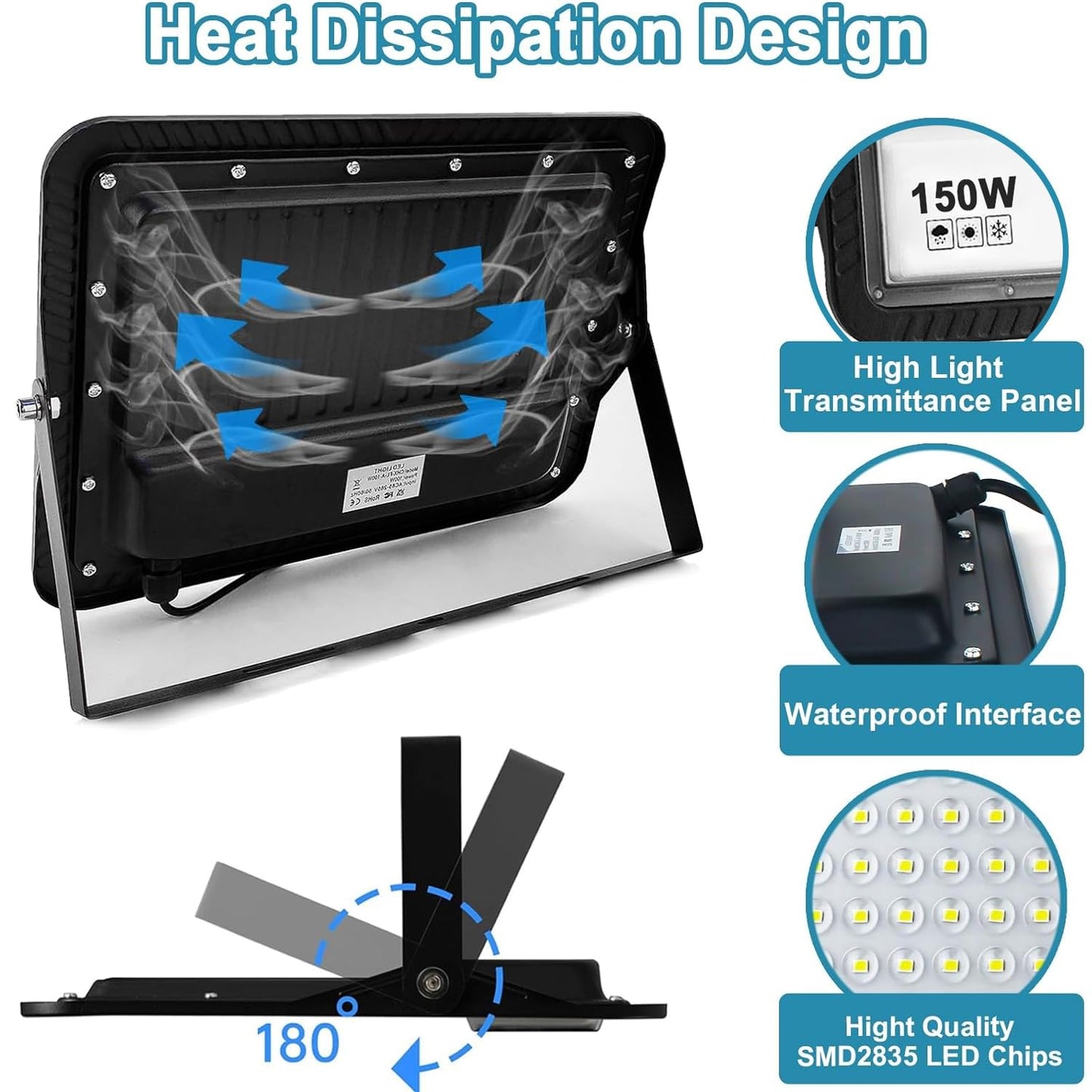 LED Flood Lights Outdoor, 2 Pack 150W 15000LM Bright Floodlight Outside Work Light with Plug, IP66 Waterproof 6500K Outdoor LED Flood Light for Garage, Yard, Lawn, Garden