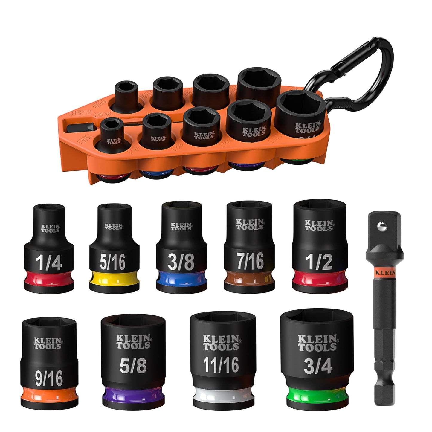 Klein Tools 33809 Grab-and-Go Impact Socket Set, SAE, 10-Piece Set with Sleeve, Carabiner, and 3/8-Inch Drive, Color-Coded 1/4, 5/16, 3/8, 7/16, 1/2, 9/16, 5/8, 11/16, and 3/4-Inch Sockets
