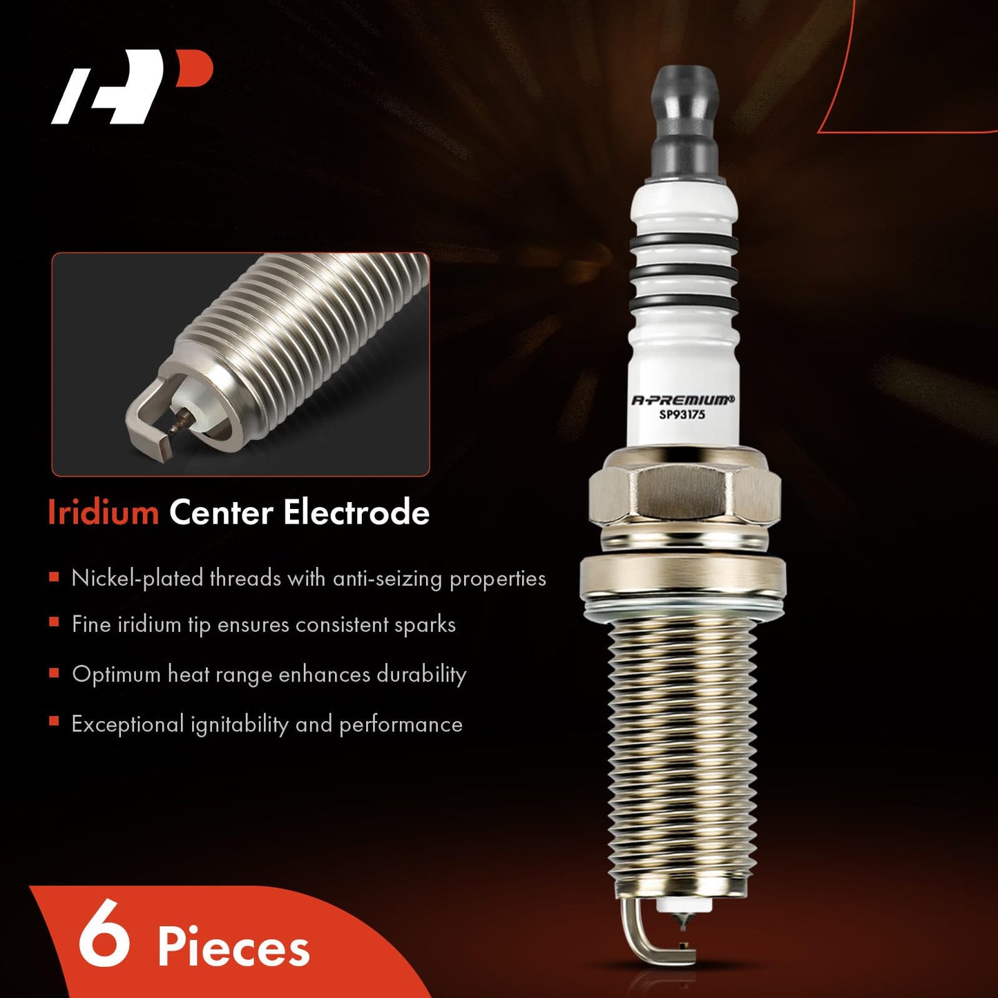 A-Premium Iridium Platinum Spark Plugs Compatible with Honda Accord & Jeep Grand Cherokee & Dodge Grand Caravan & Kia Sorento & Hyundai Santa Fe & Chrysler Town & Country & Acura RDX, Pack of 6