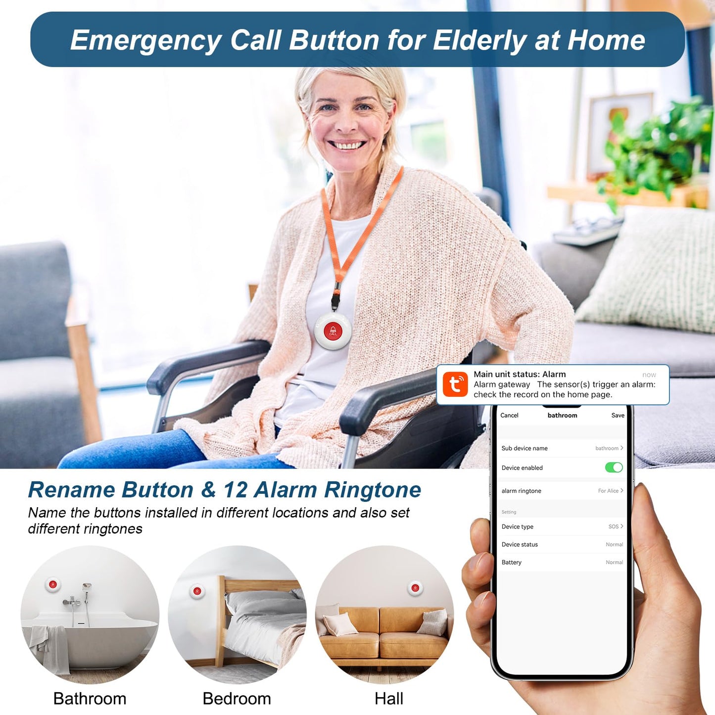 Daytech WiFi Smart Caregiver Pager Call Button Alarm System for Seniors Wireless S0S Emergency Buttons Calling Alert System, 2 Transmitters 1 Receiver(only Supports 2.4GHz Wi-Fi)