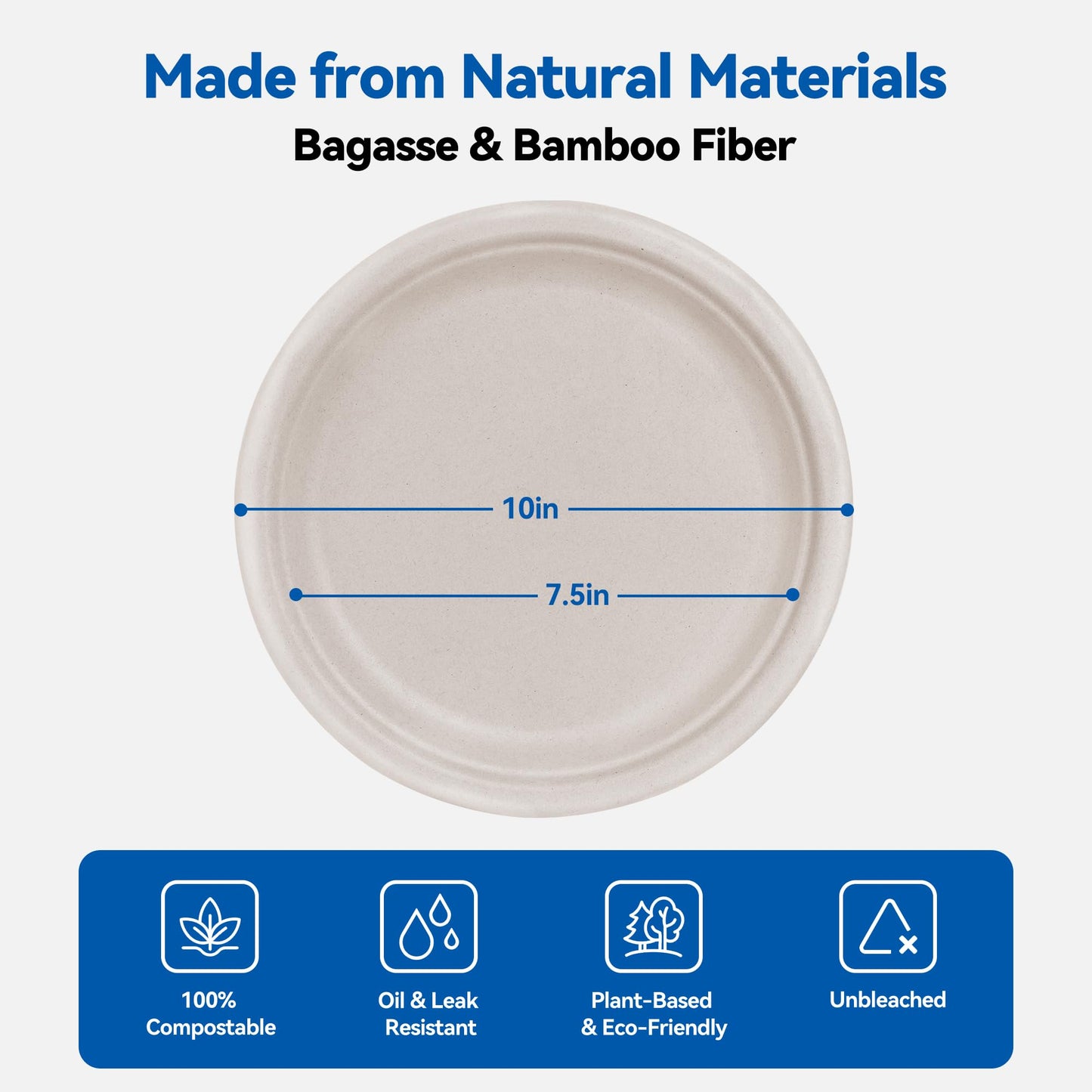 Leafory 10 Inch Compostable Paper Plates 150 Pack – Heavy Duty, Eco-Friendly, Biodegradable Sugarcane & Bamboo Fiber, Natural Disposable Plates for Party, Camping & Everyday Use