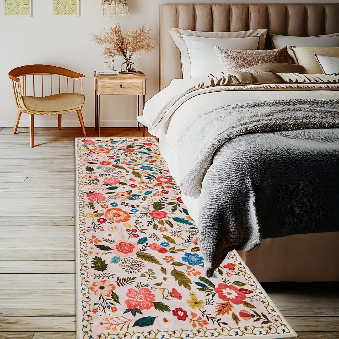 Runner Rugs for Hallway 2x10 Ft, Ultra Thin Non-Slip Long Floral Carpet Washable, Area Rug for Living Room Bedside Entryway Hall Bedroom Stain Resistant Boho Low-Pile Indoor(Beige with Pink)