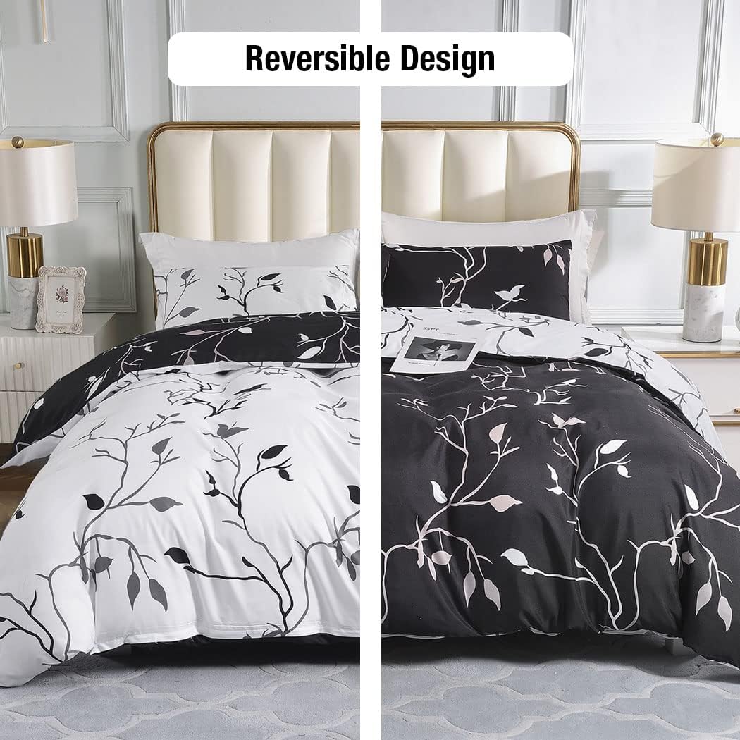 Conworld Reversible Duvet Cover King, White Black Tree Branch Pattern King Duvet Cover Set 3pc Soft Microfiber Breathable Botanical Bedding Sets with Zipper Ties