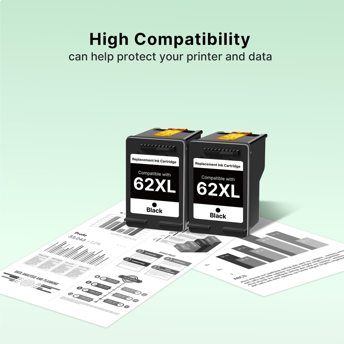 62XL Black Ink Cartridges Replacement 62 Black Ink Cartridges 62 XL Black Ink High Yield Compatible with OfficeJet 250 200 5740,Envy 5660 5540 7640 5640 Printer (2 Black)