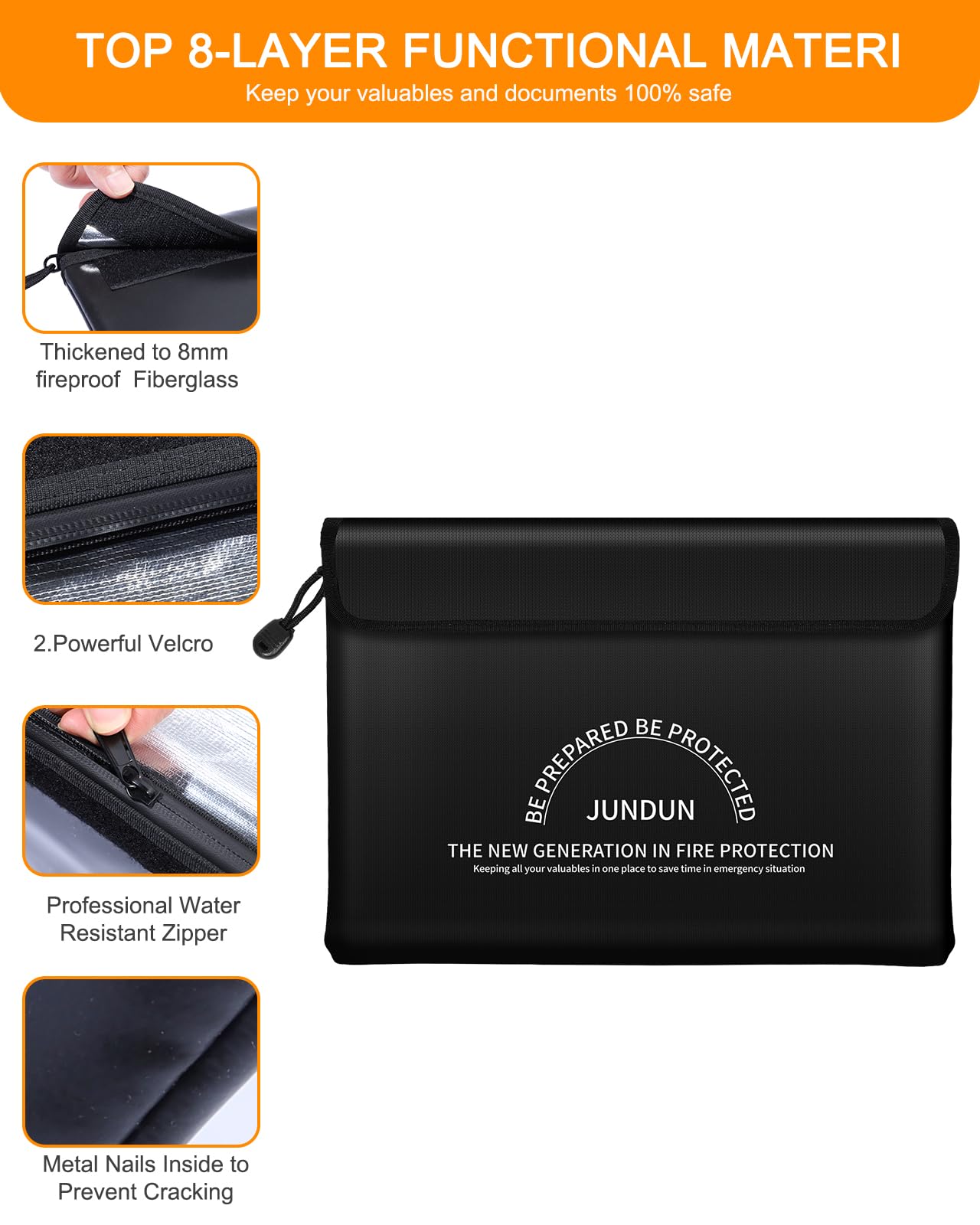 JUNDUN Fireproof Document Bag with 5200℉ Heat Insulated,Legal Size Waterproof and Fireproof Money Bag,8 Layers Thickened Fire Rated Document Safe Bag Pouch with Zipper for Legal Documents
