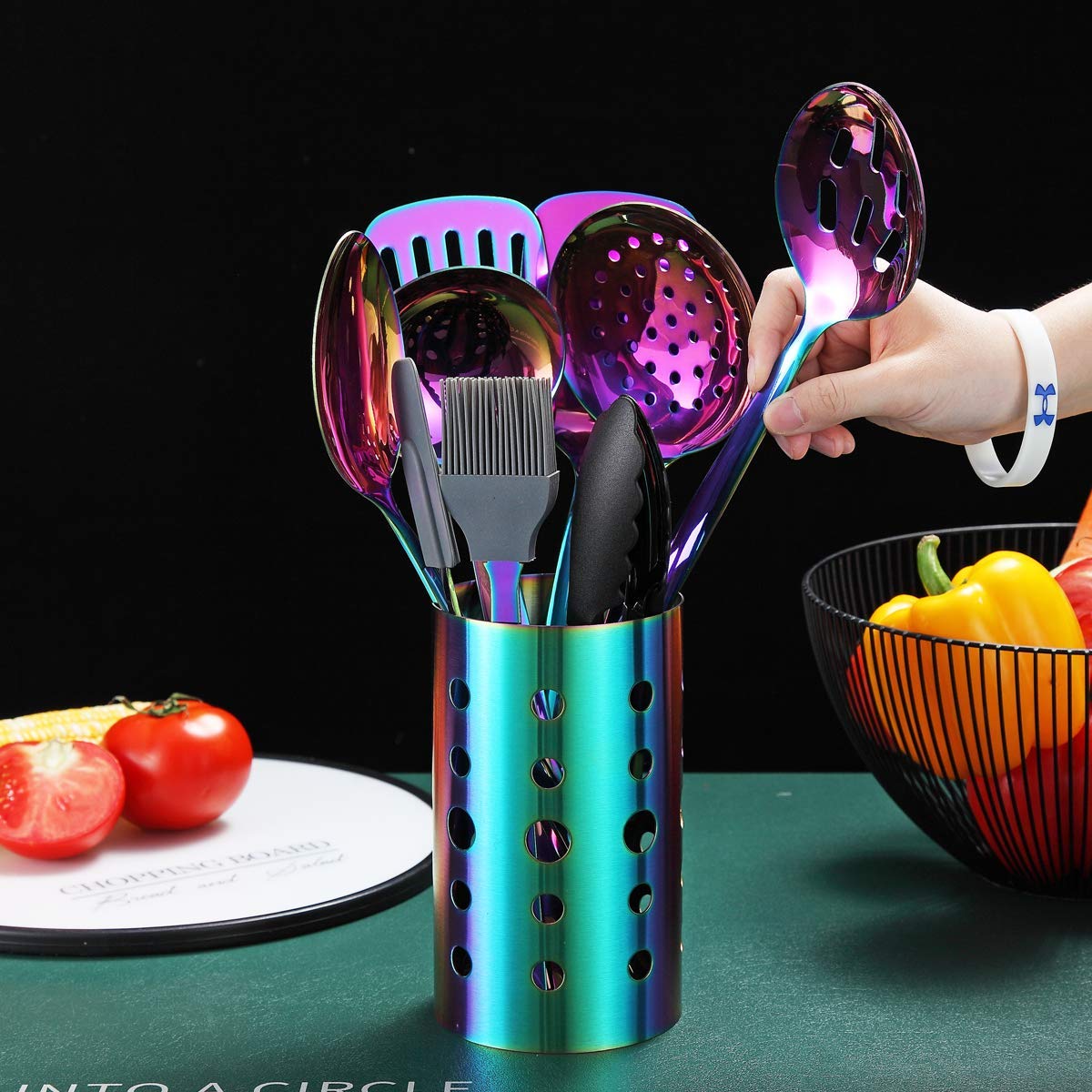 HOMQUEN Rainbow Kitchen Utenisls Set, Stainless Steel Cooking Utenisls Set with Titanium Rainbow Plating, Kitchen Tools Set with Utensil Holder for Non-Stick Cookware Dishwasher Safe (13 Packs)