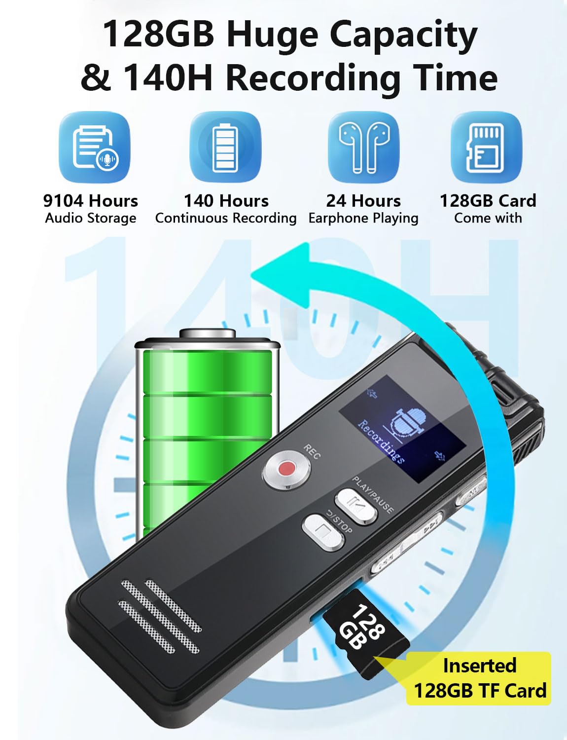 128GB Digital Voice Activated Recorder with Playback - 9104 Hours Audio Device, 3072 Kbps HD and Noise-Canceling Voice-Activated Recording for Lectures/Meeting