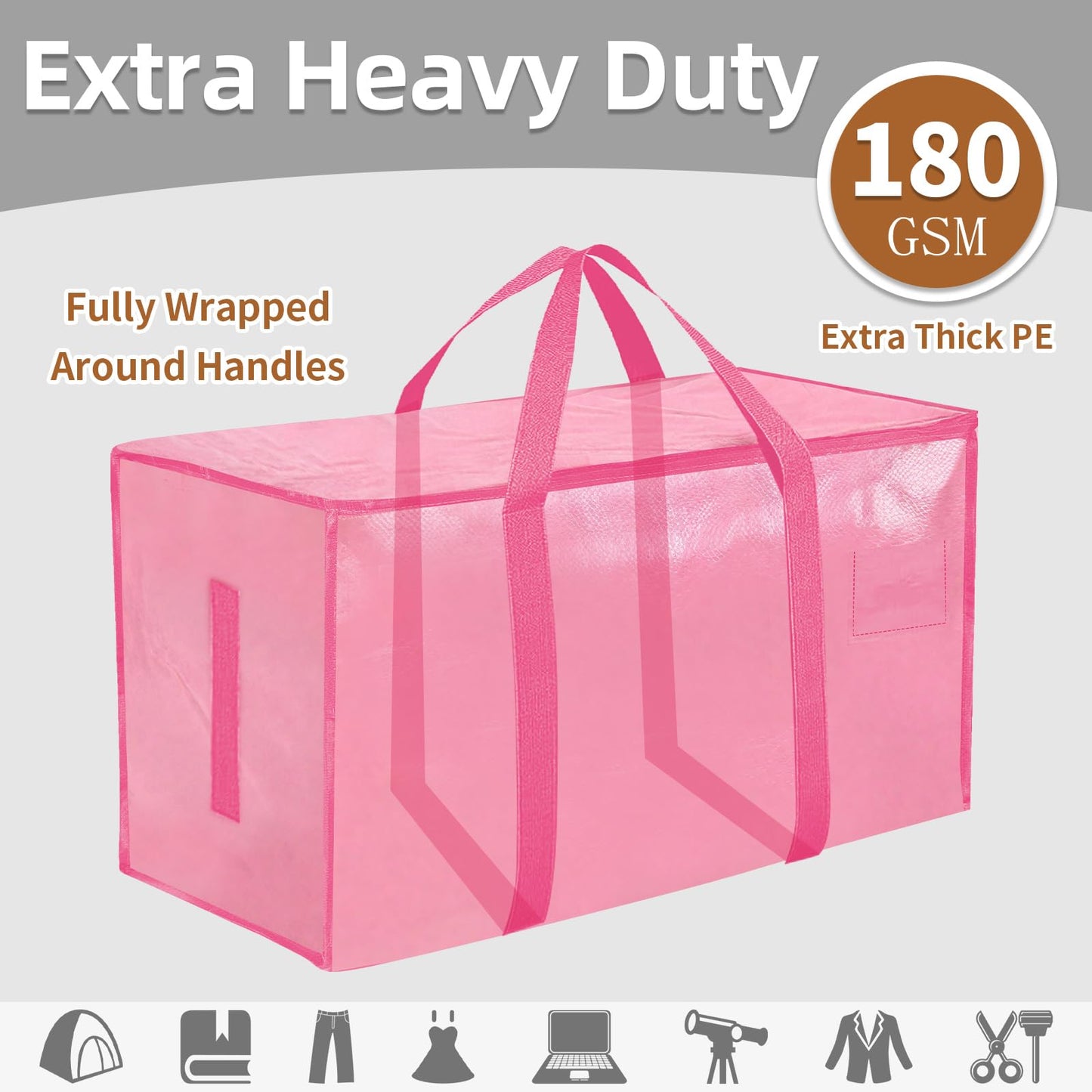 Extra Large Heavy Duty Moving Bags - Waterproof Storage Totes with Reinforced Handles & Zippers, Foldable for College Dorm Essentials, Clothes Storage & Travel (6-Pack Pink)