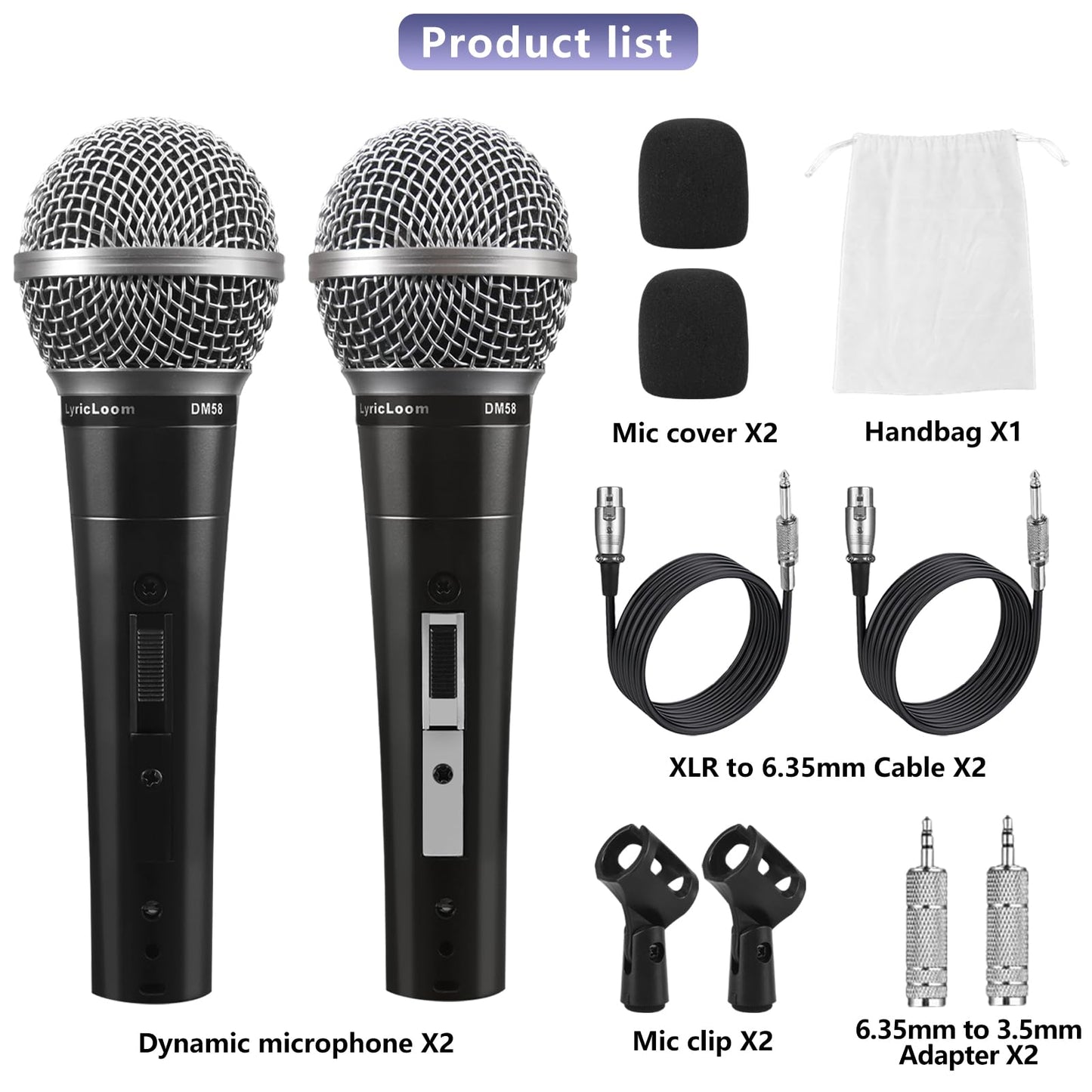 LyricLoom 2 Pack Wired Microphone for Karaoke Singing, Vocal Dynamic Mics with Switch,16.4ft Cable with 3.5mm Adapter, Metal Handheld Corded Microphone for Speaker, Karaoke Machine, Amplifier