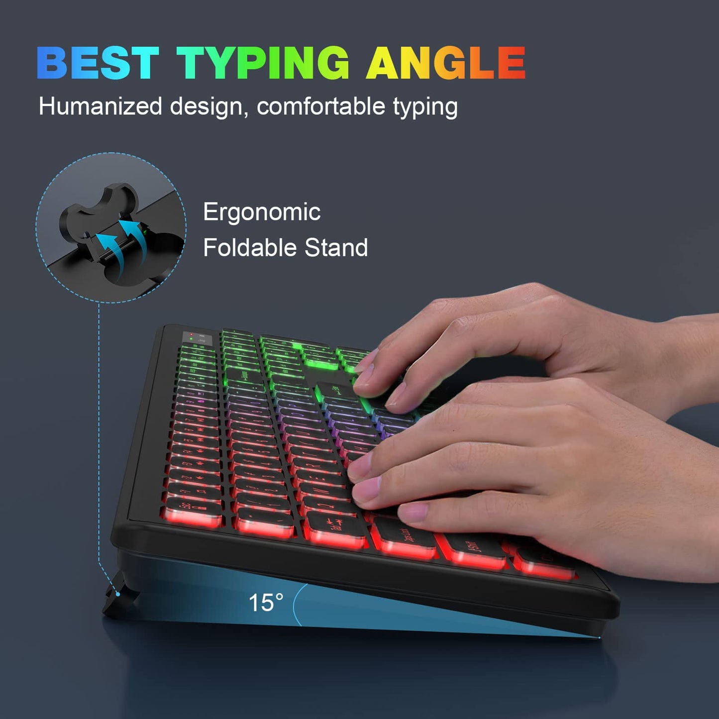 Wireless Keyboard and Mouse Combo - RGB Backlit, Rechargeable, Quiet Typing, Light-Up Keys, Full Size, Ergonomic Tilt, 2.4GHz USB Receiver for Windows, Mac, Laptop, PC, Trueque (Black)