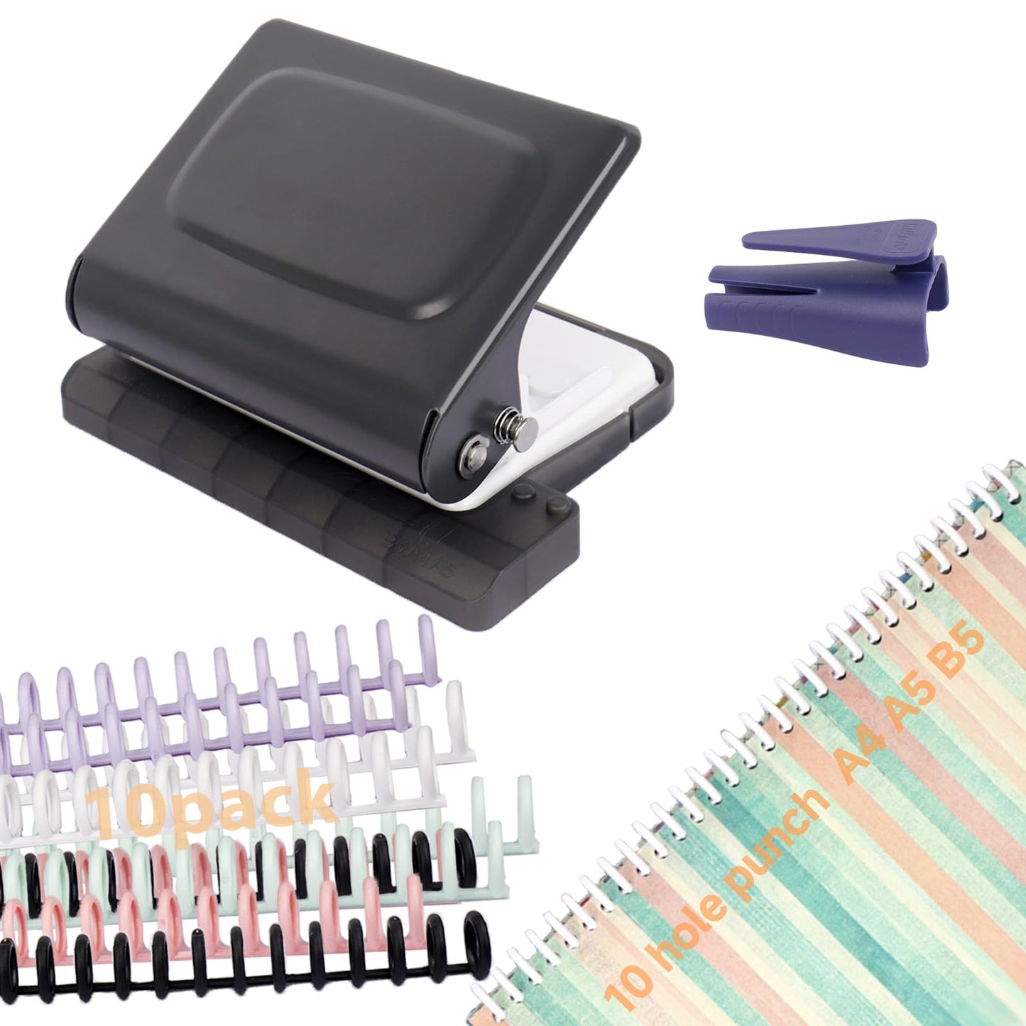 TUAKIMCE 10-Hole Punch Binding Machine for Planners, Mini Metal Manual Binding System with 10 Multi-Color Binder Rings, Punches 30 Holes on A4, 20 Holes on A5, 26 Holes on B5