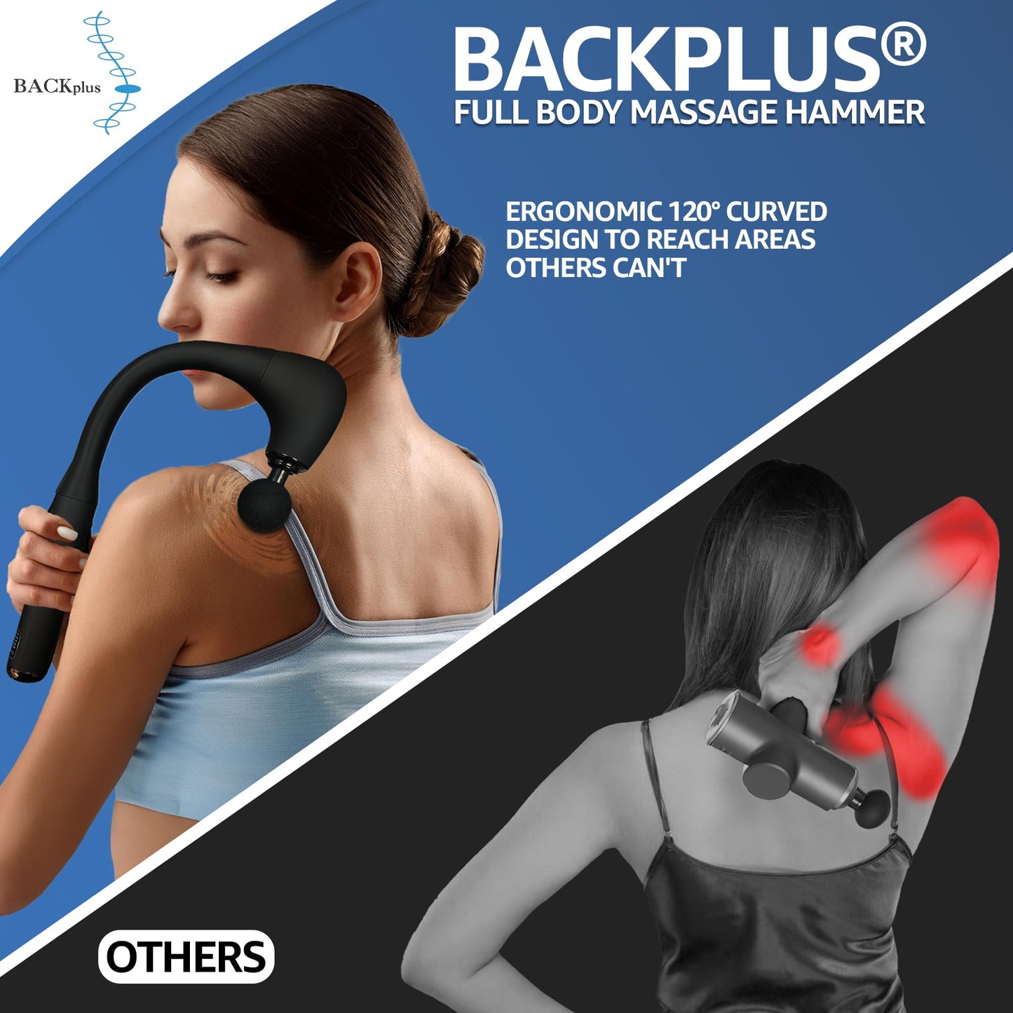 BACKplus Massage Hammer - Cordless Percussion Deep Tissue Massager - Handheld Muscle & Pain Relief Device - Powerful Percussion Therapy, On-Demand