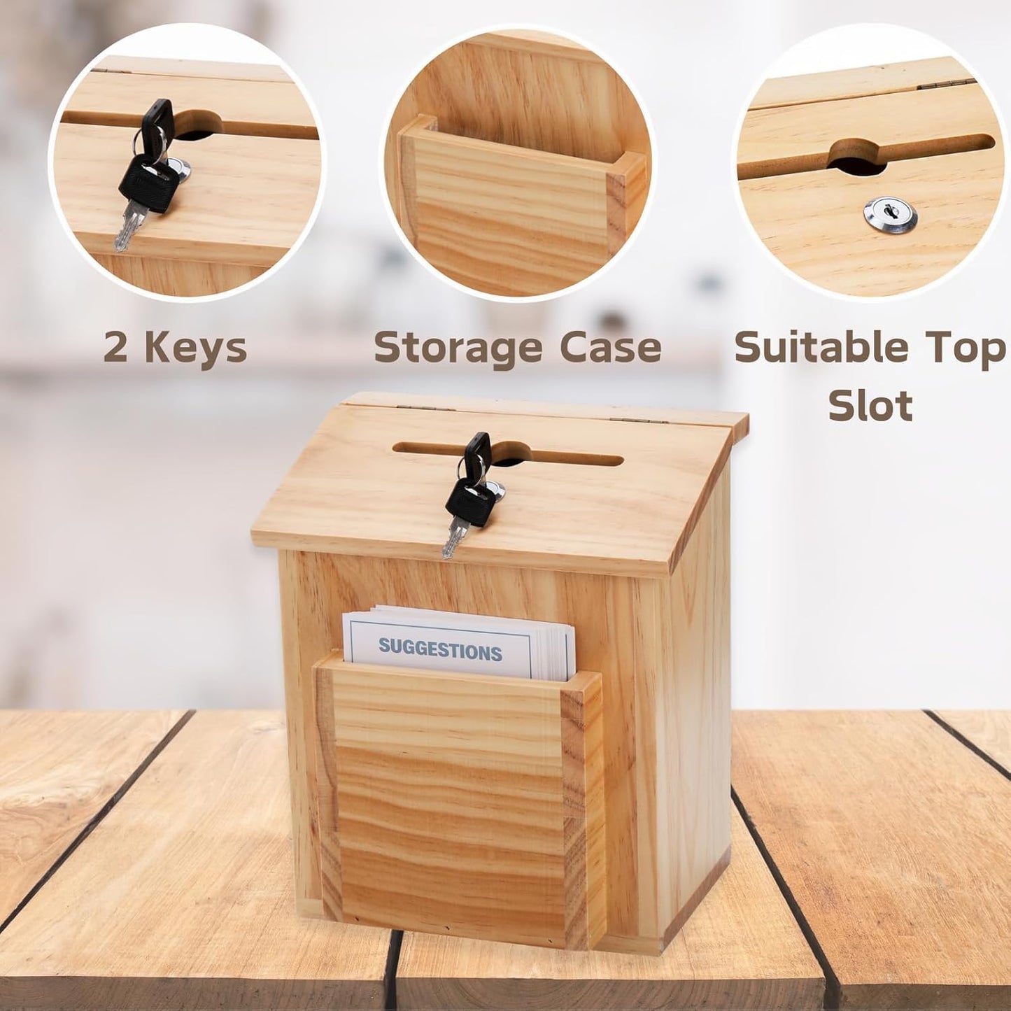 ZENFUN Wooden Suggestion Box with 50 Free Suggestion Cards, Natural Pinewood Ballot Comment Container Donation Box with Locking Hinged Lid for Countertop or Wall Mounted, 8.6" x 6.8" x 10"
