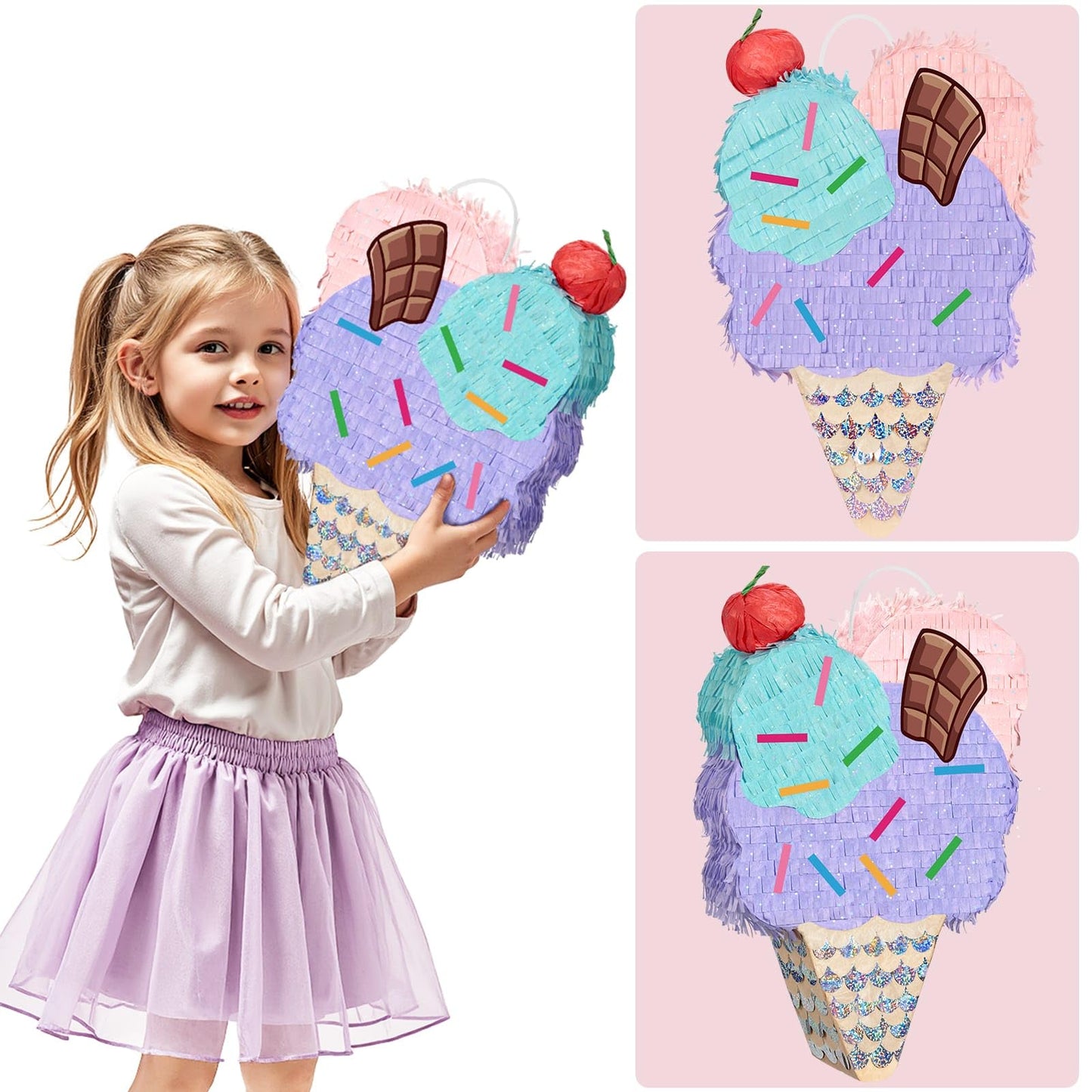 WERNNSAI Ice Cream Pinata - Sweet birthday Pinata with Blindfold and Stick for Summer Ice Cream Birthday Party Decoration Supplies Baby Shower Celebration Supplies