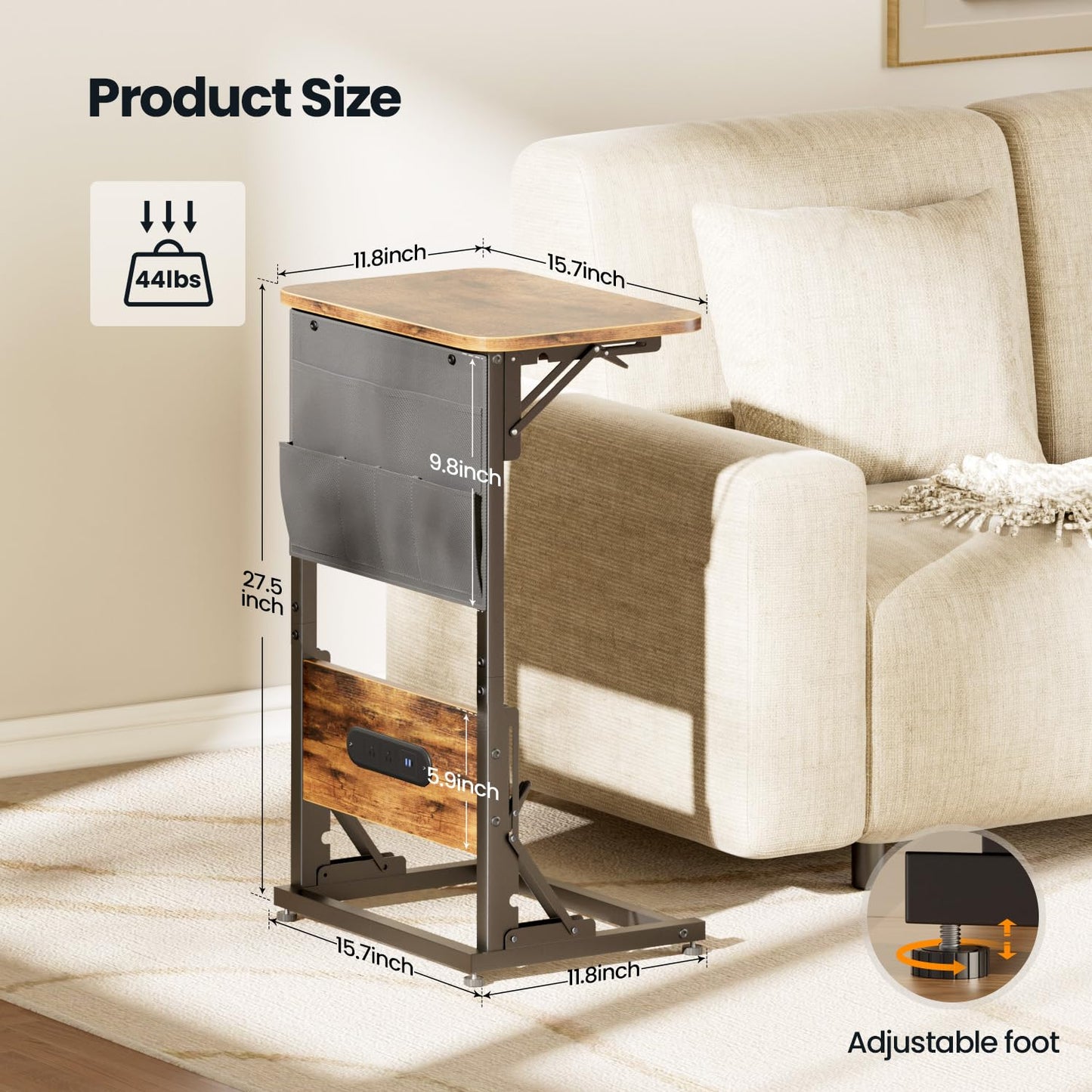 HLDIRECT C Shaped End Table with Charging Station Side Table Living Room with Storage Bag for Couch, C Shaped Side Table with Foldable Function Couch Table for Living Room Bedroom, Brown