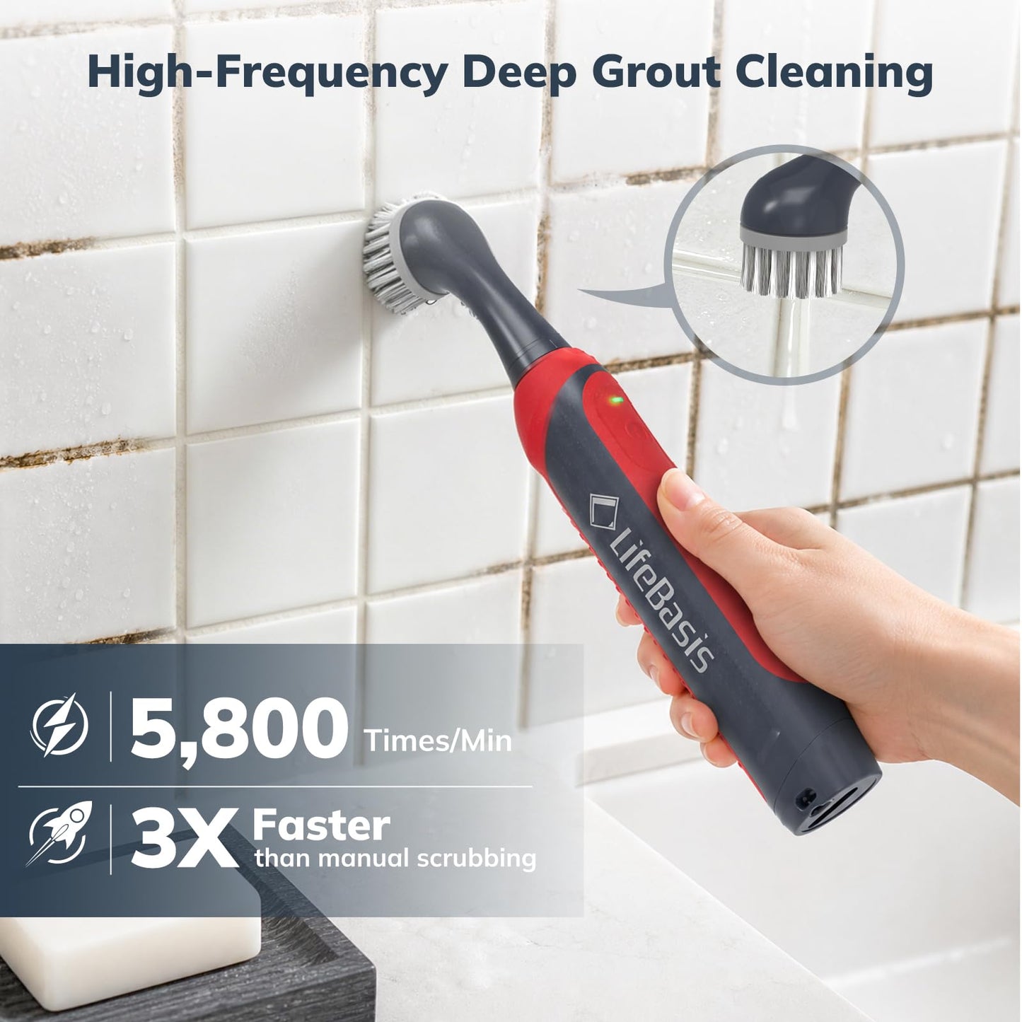 LifeBasis Rechargeable Power Scrubber 11-Piece Kit, Cordless Electric Cleaning Brush, IPX7 Waterproof Electric Grout Brush for Home, Kitchen, Bathroom, Grout, Tile, Shower, Tub, Red