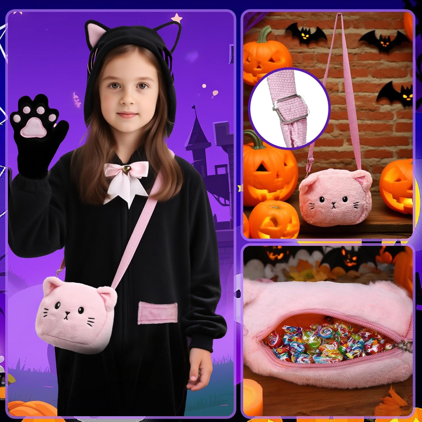 ANPHILE Kids Cat Costumes for Girls, Black Cat Costume for Girl with Cute Kitty Purse Bag, Halloween Costumes for Girls Kids