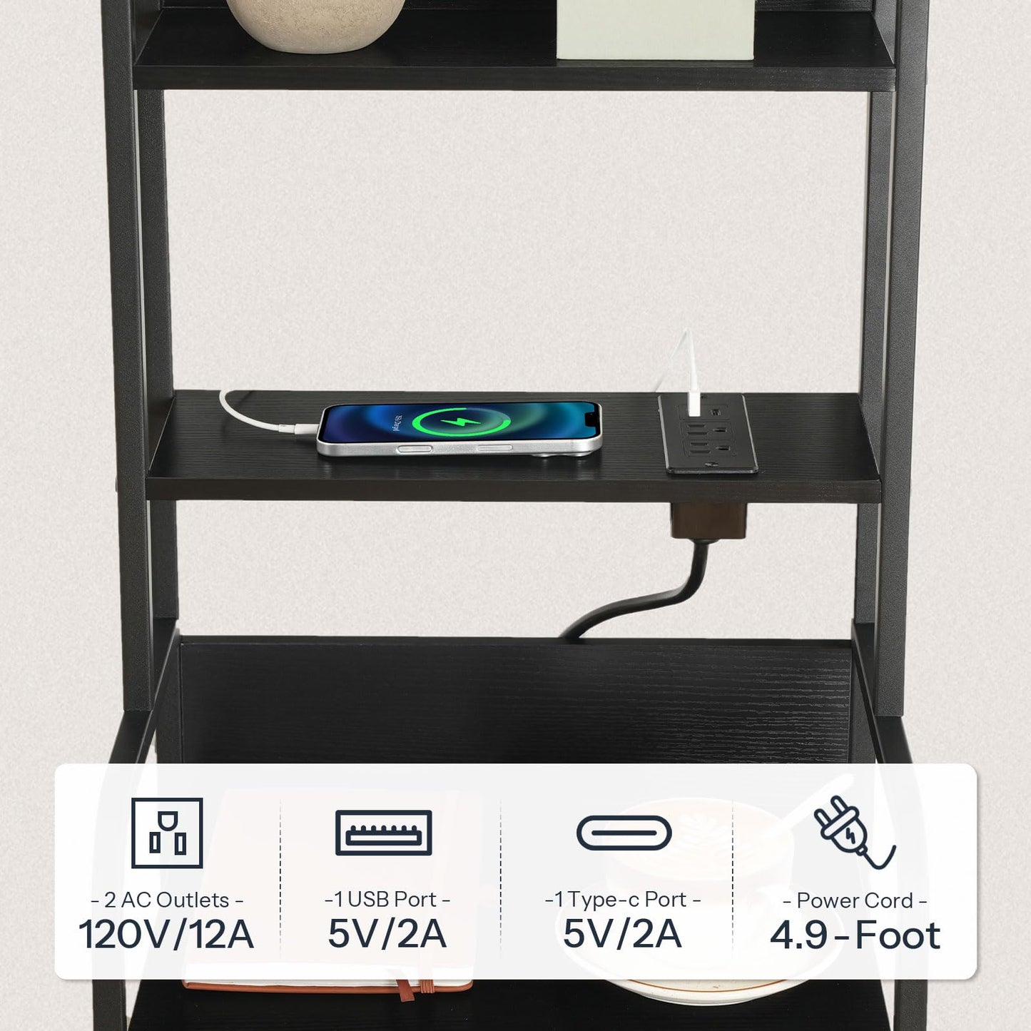 HOOBRO Tall Nightstand with Charging Station and LED Lights, Multifunctional Bedside Table with 3 Drawers and Open Shelves, USB-A, Type-C, 2 AC Outlets, Modern End Table for Bedroom, Black BB206UDBZ01