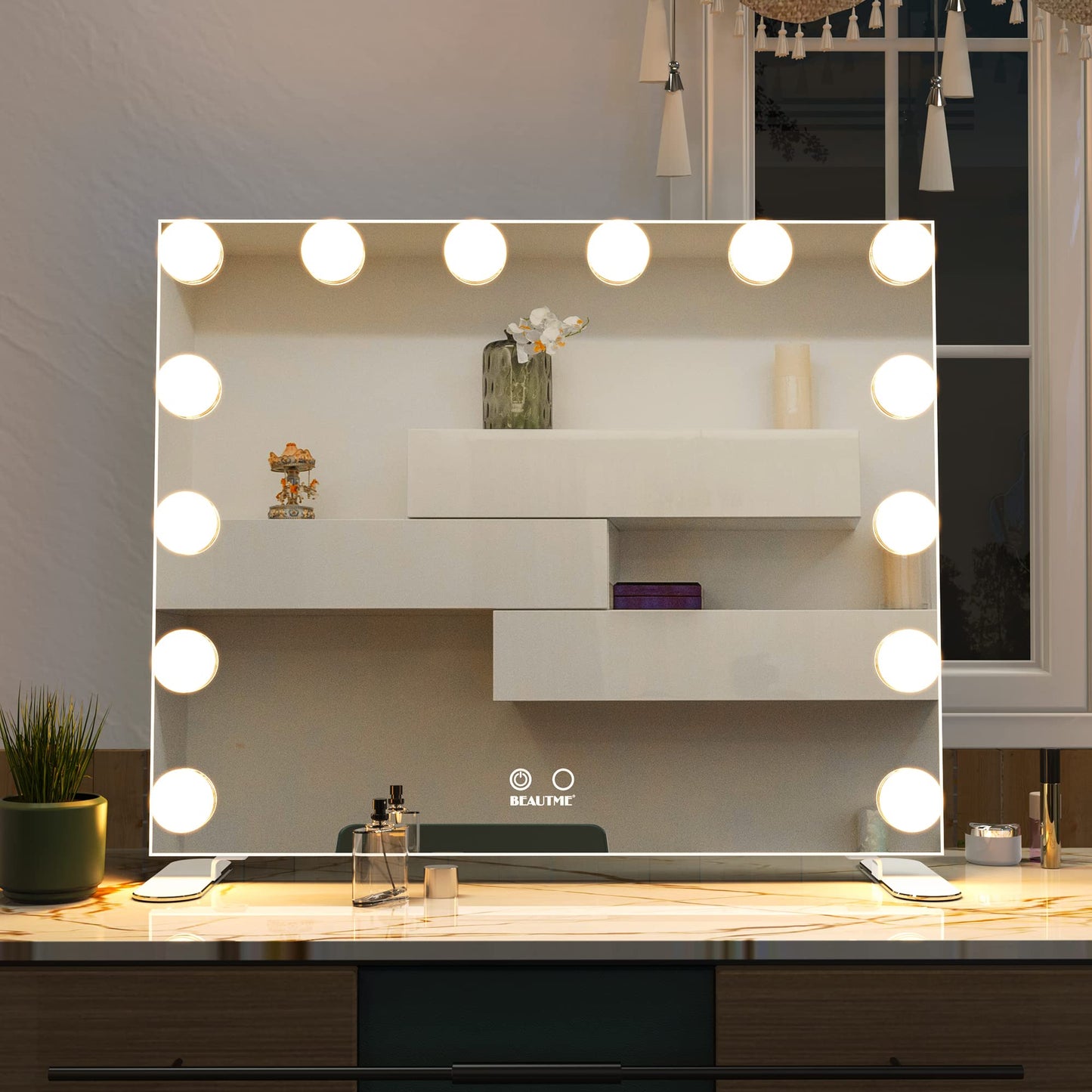 BEAUTME Vanity Mirror with Lights, 23.6" x 20" Large Makeup Mirror, Hollywood Mirror with 14 Dimmable Bulbs, 3 Color Modes & Adjustable Brightness, Detachable 10x Magnification