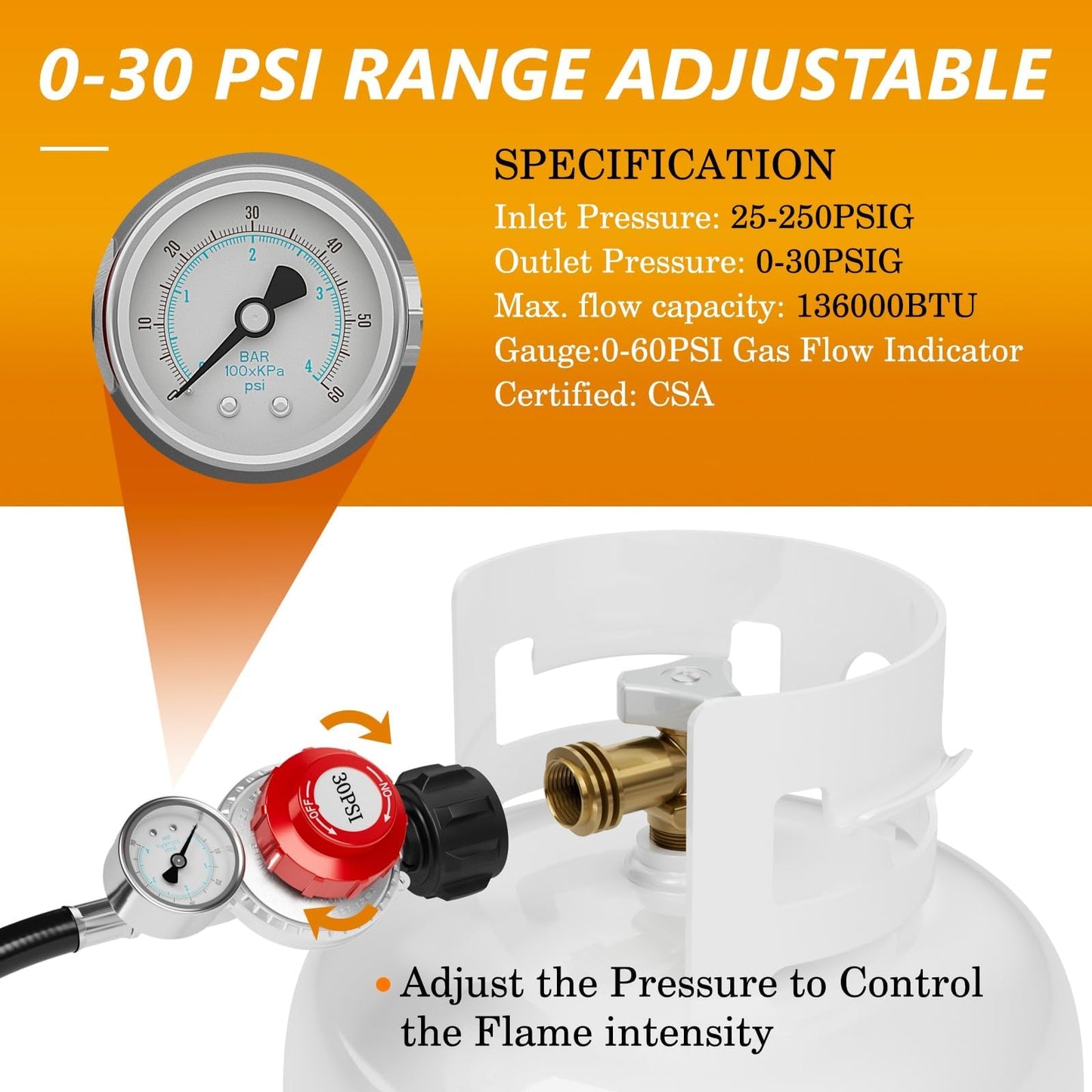 NUPICK 12FT 30 PSI Adjustable High Pressure Propane Regulator with 60PSI Gauge Gas Flow Indicator，Propane Regulator with Hose for LP Gas Cooker, Burner, Turkey Fryer, Smoker