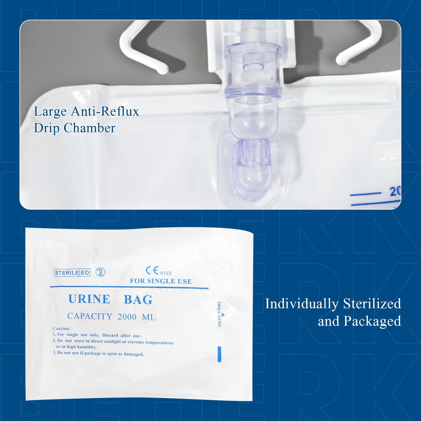 BeHerk 2000mL Catheter Bags for Men and Women 10 Pack Professional Urinary Drainage Bags with Enhanced Anti-Reflux Drip Chamber, 48” Thickened Drainage Tube, Adjustable Clips & Hanging Hook