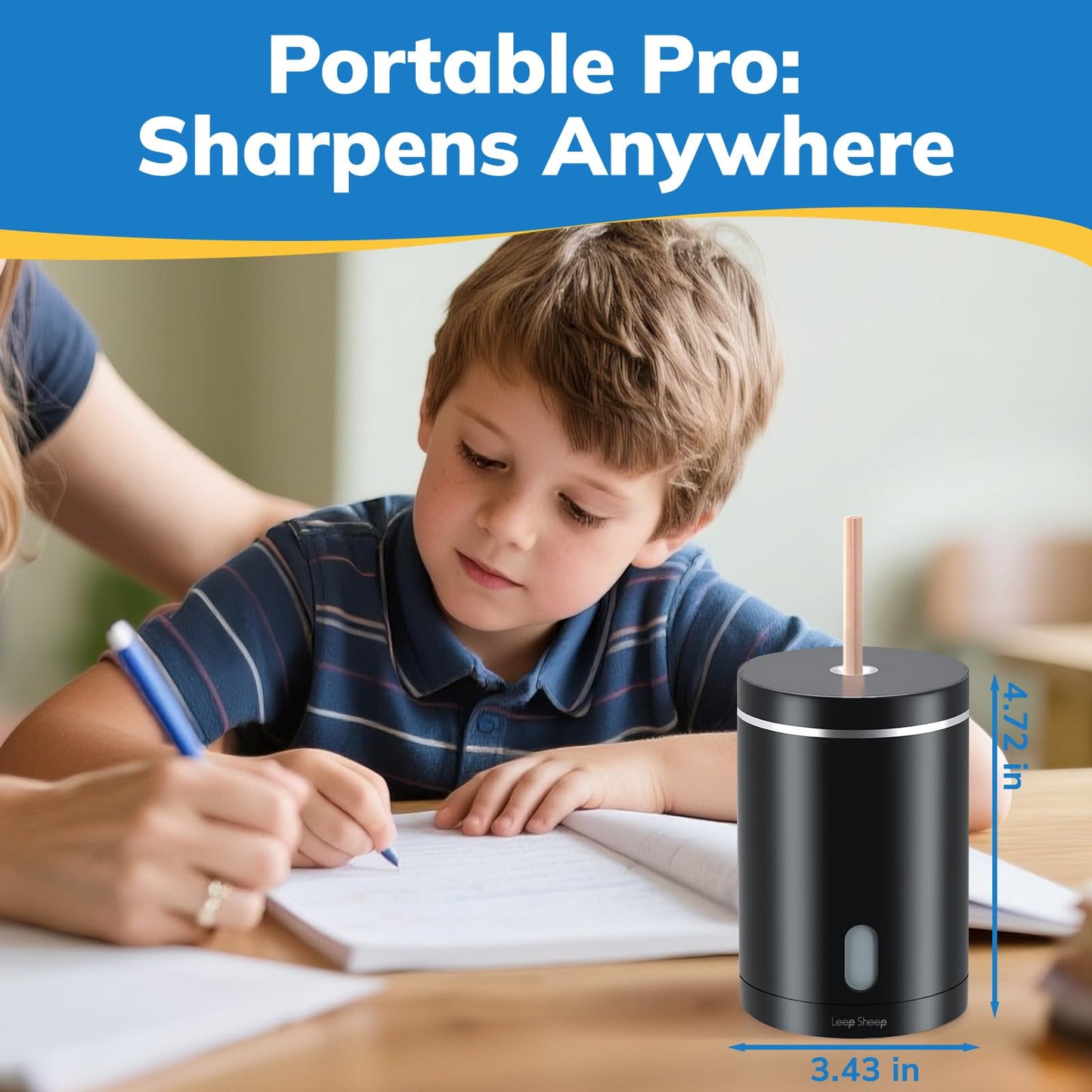 leep sheep Electric Pencil Sharpener, Fully Automatic Pencil Sharpener with Auto in and Out, Rechargeable and Hands-Free for Standard 6-8mm Pencils, Perfect for Classroom (Black and Silver)