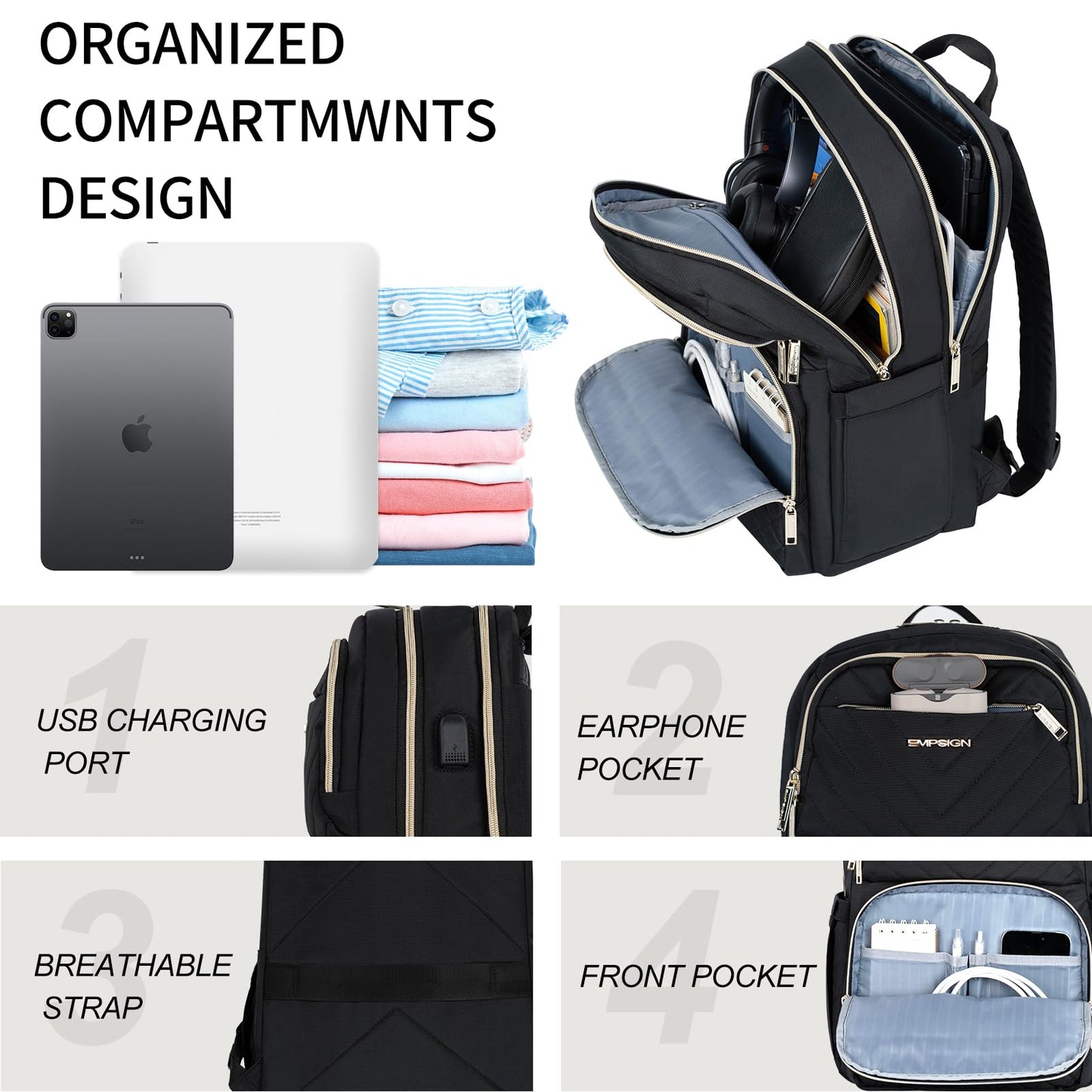 EMPSIGN Laptop Backpack Purse for Women and Men with USB Charging Port, 15.6 Inch Travel Water Resistant Quilted Backpack, High-Capacity 30L Work Business Computer Backpack, Quilted Black