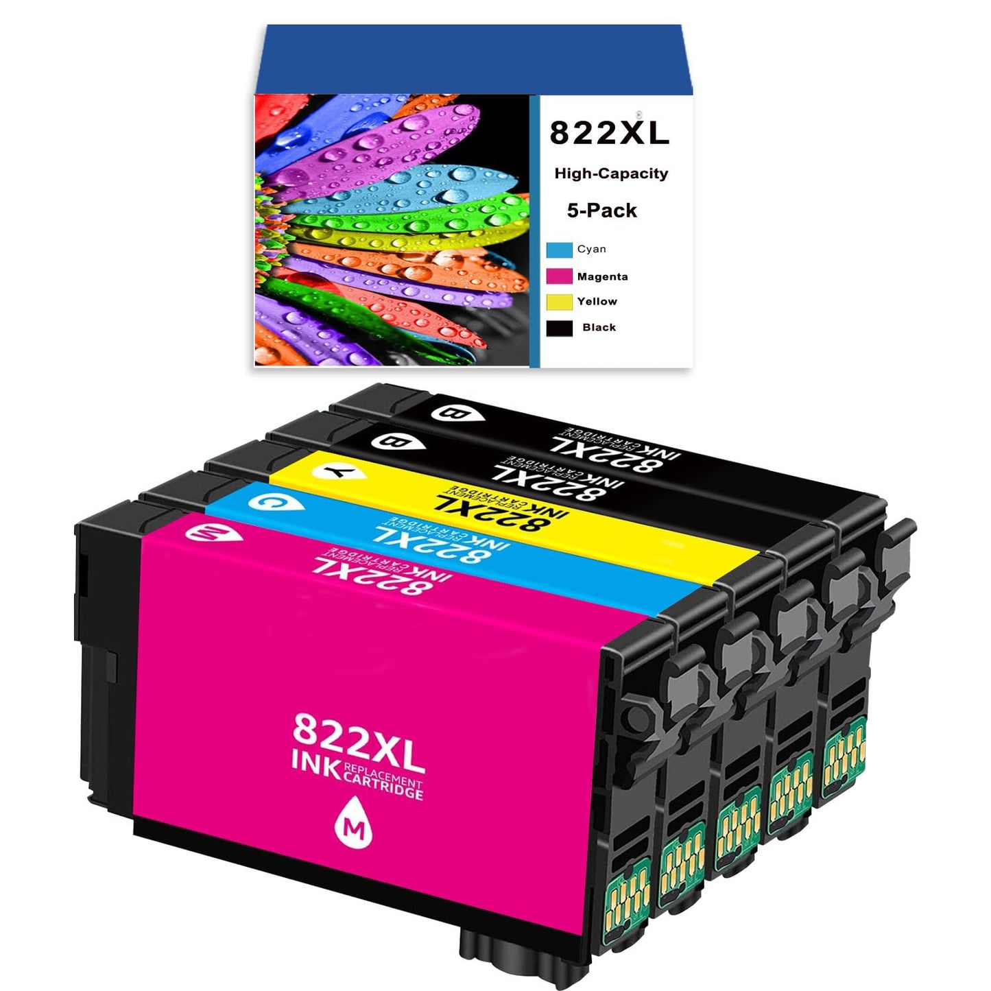 822XL Ink Cartridges Replacement for Epson 822XL Ink Cartridges 822 XL for Epson WF-3820 Printer Ink Cartridges WF-4820 WF-4830 WF-4833 WF-3823 Printer 5 Pack(822XL 2Black Cyan Magenta Yellow)