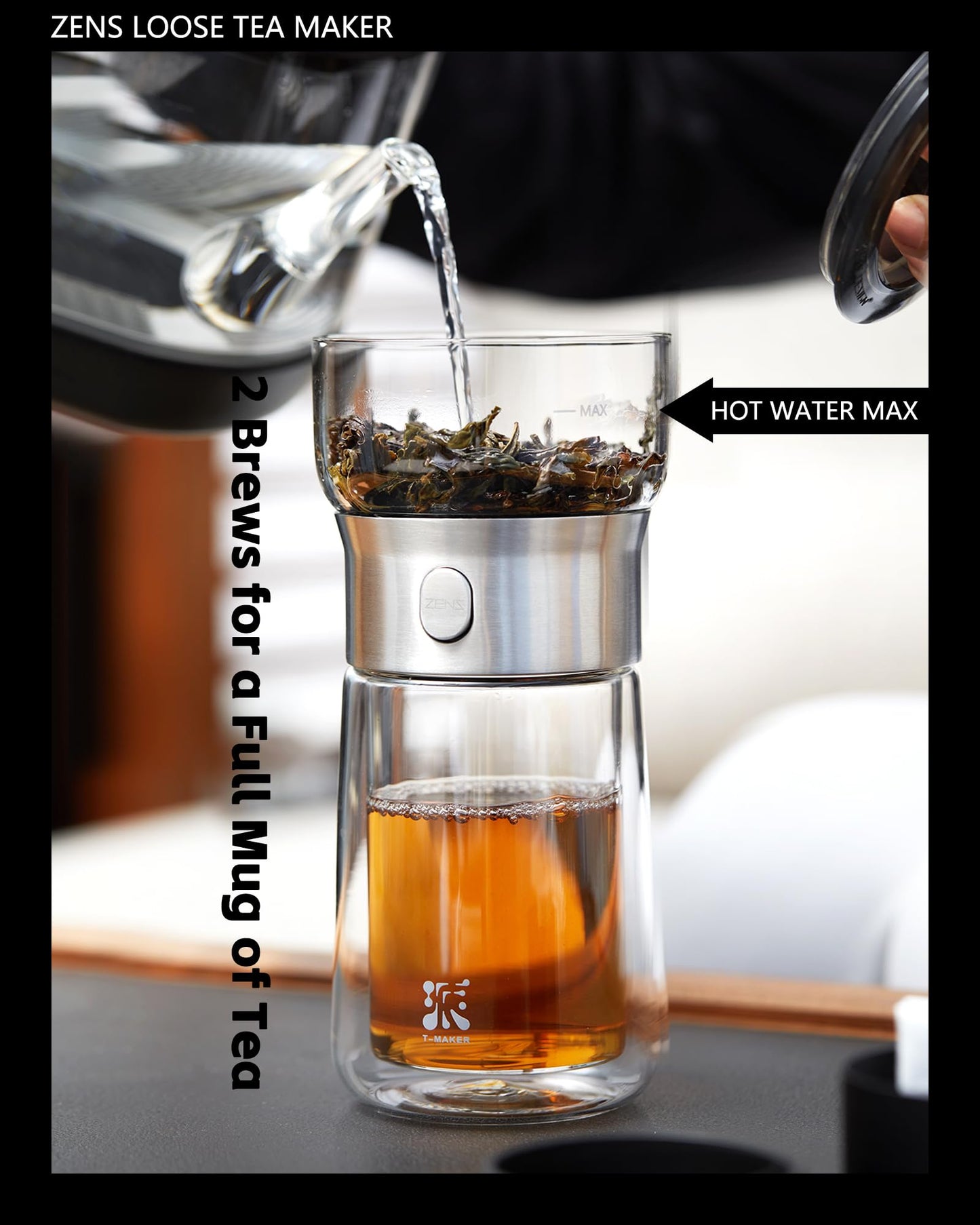 ZENS Modern Glass Tea Infuser Teapot, Smart One Touch Tea Maker for Loose Tea Diffusers with Insulated Mug and Portable Tea Kits, Cool Gongfu Tea Pot for Black Tea Lover Gifts