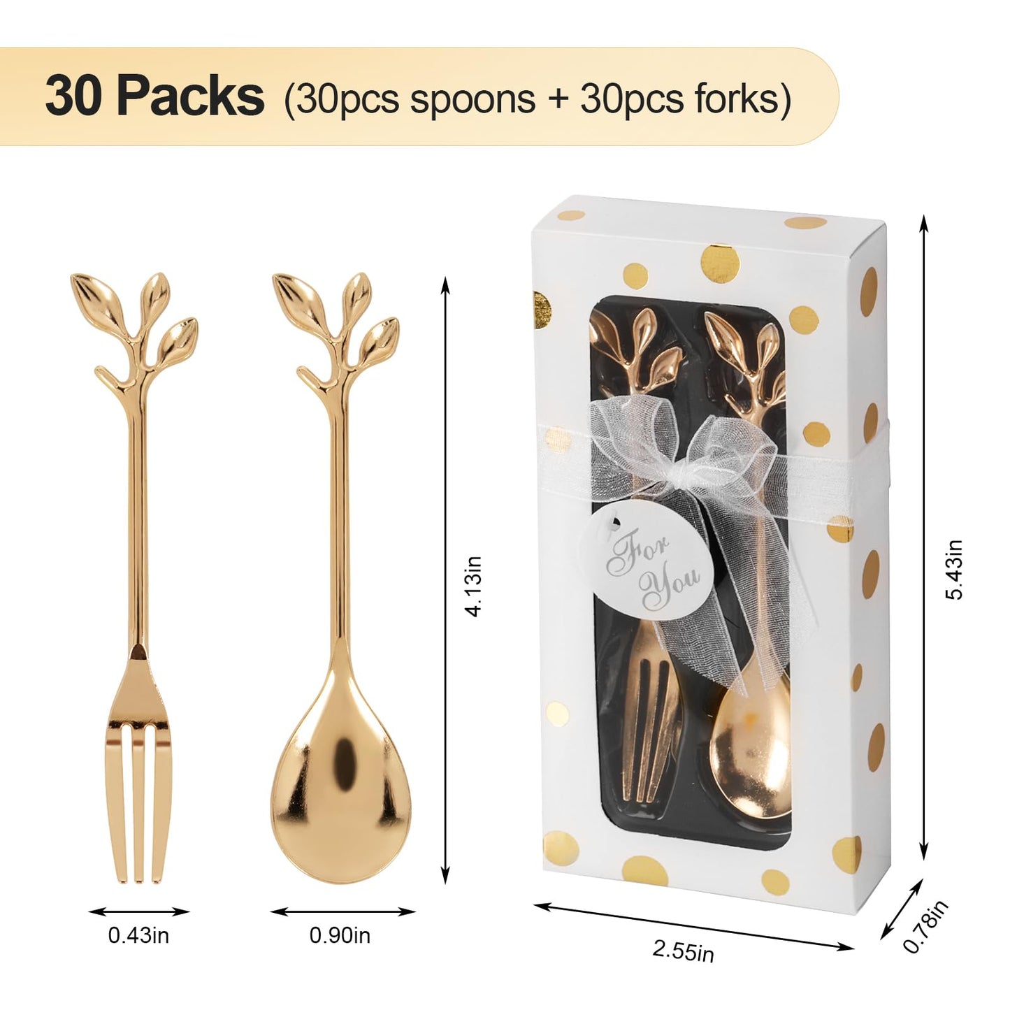 30 packs of wedding forks and spoons, suitable for wedding gifts, bridal or baby party gifts, tea party gifts, beverage spoon gifts or souvenirs, suitable for guests to use separately packaged