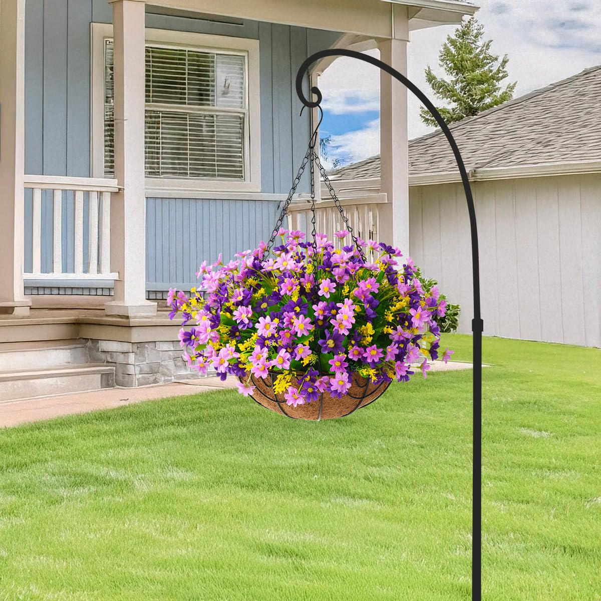 Homsunny Artificial Hanging Flowers in Basket Outdoor Indoor Patio Lawn Garden Decor, Hanging Daisy Basket with 12inch Coconut Lining Chain Flowerpot (Dark Purple)
