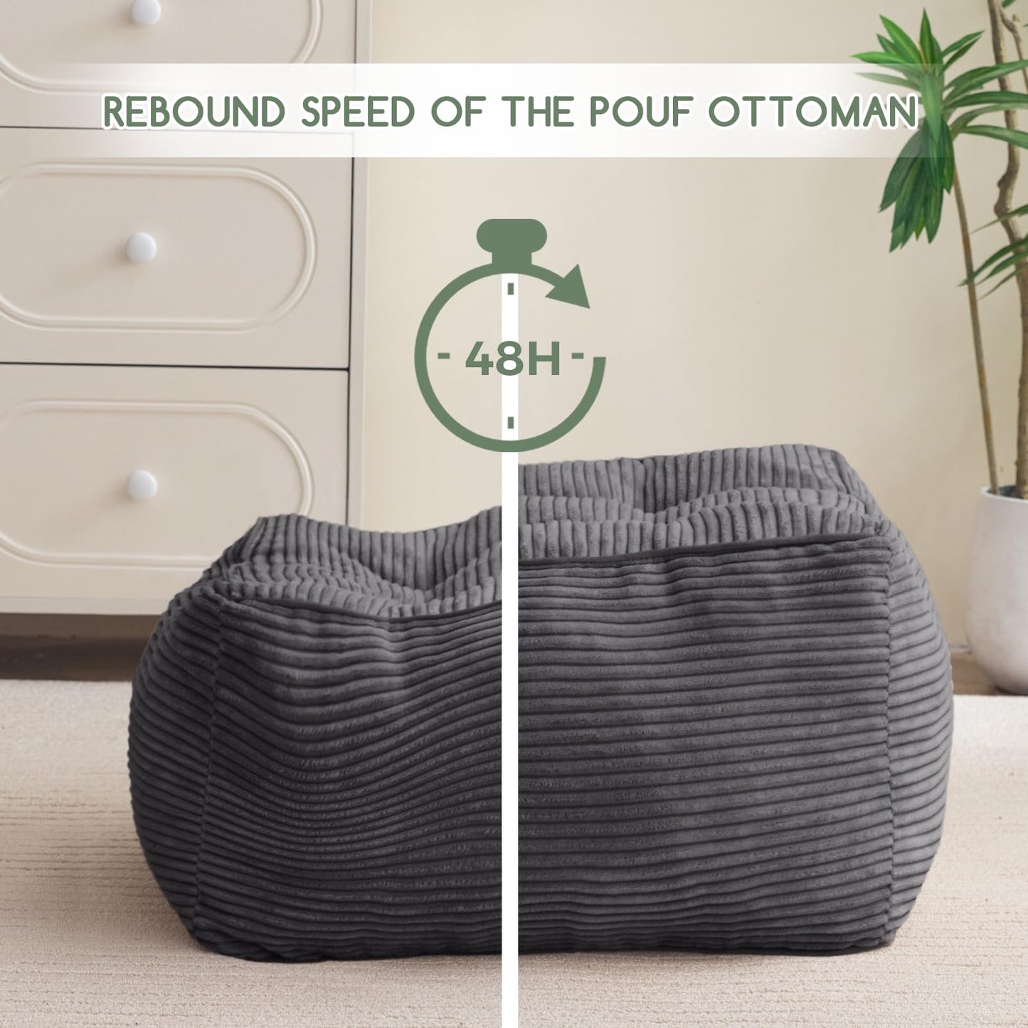 HIGOGOGO Square Stuffed Pouf Ottoman, Corduroy Poufs with Foam Chunk Filling, 21.5 X 21.5 Floor Poufs Foot Rest for Living Room,Dark Gray