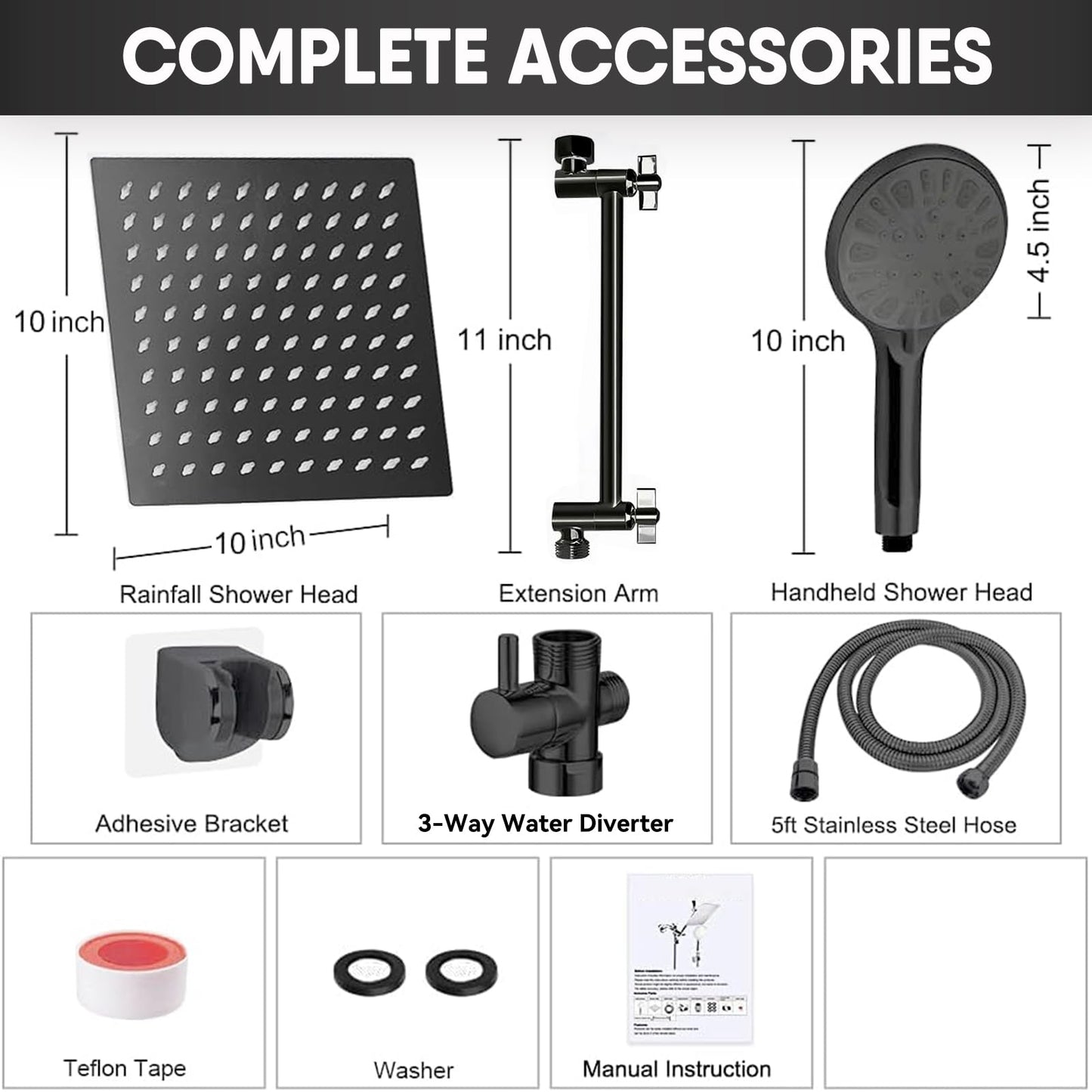 10 Inch Matte Black Rainfall Handheld Shower Head Combo Set GIFTQOOL High Pressure 5 Modes Dual Shower Head with Adjustable Rain Extension Arm, Hose, Holder Pomme De Douche