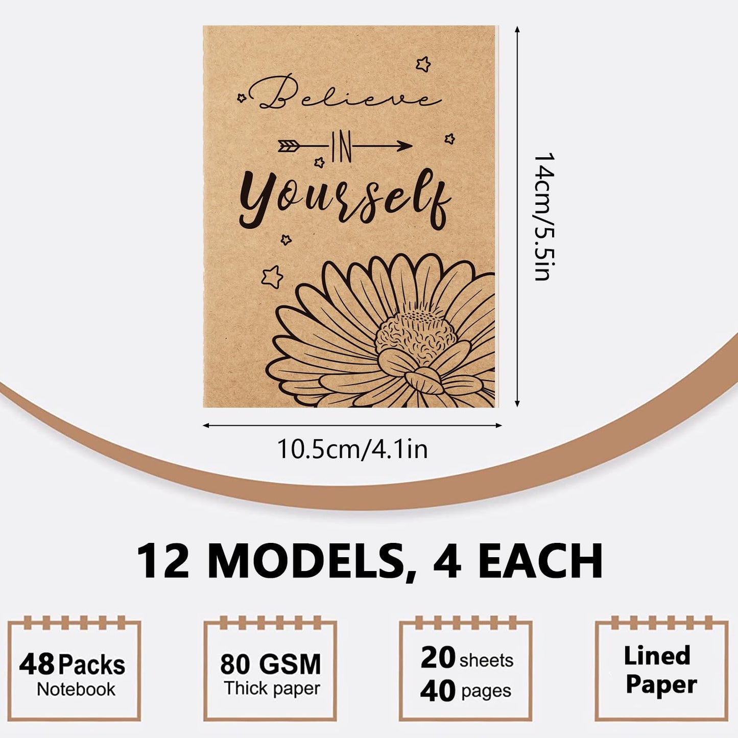 48 Pack Mini Notebooks Bulk, Motivational Journals Kraft Paper Notebook 40 Lined Page Funny Small Pocket Notebook Brown Mini Journals for Kids School Office Prizes Travel (4.1 x 5.5 Inch)